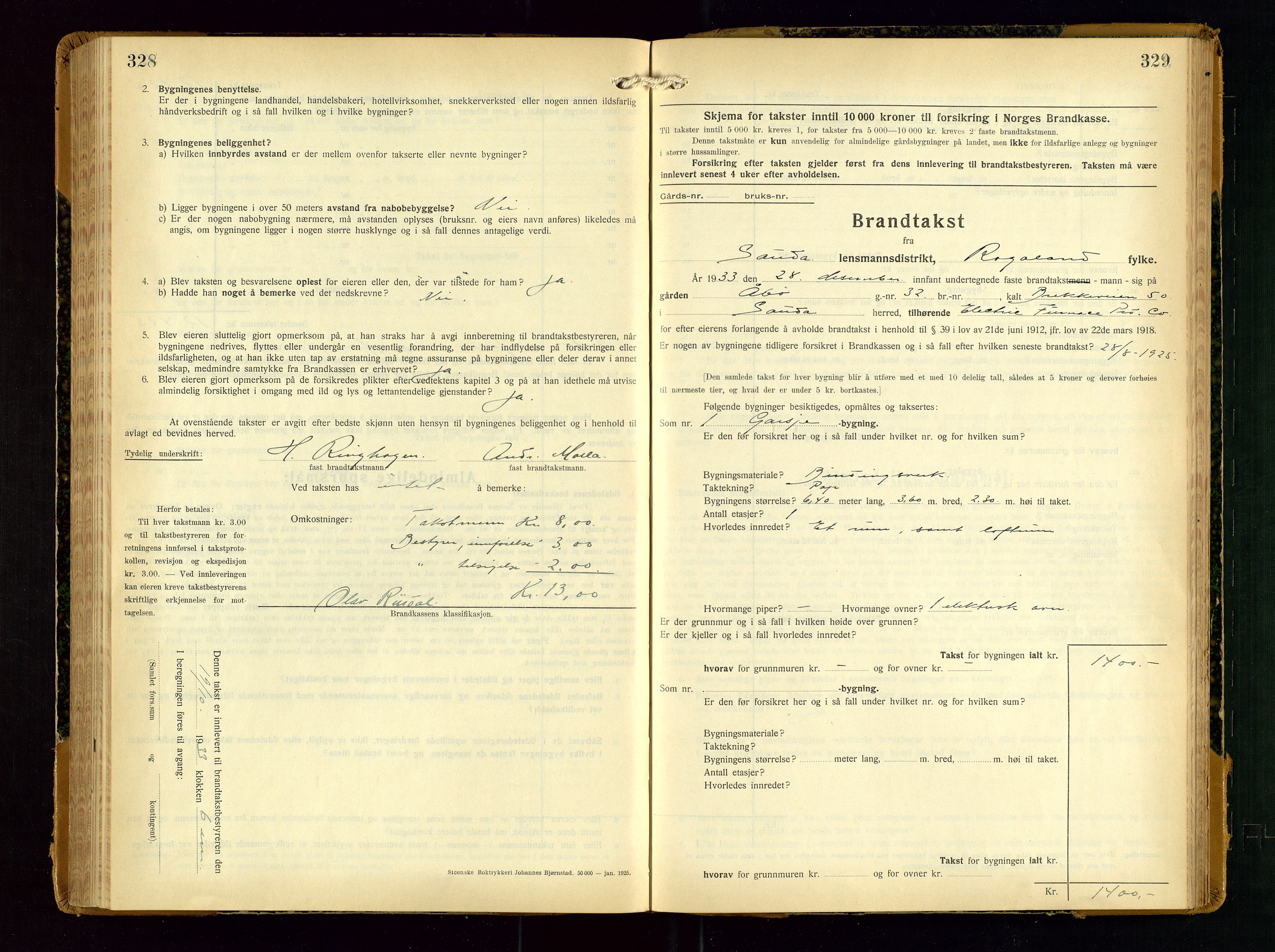 Sauda lensmannskontor, AV/SAST-A-100177/Gob/L0003: Branntakstprotokoll - skjematakst, 1928-1936, p. 328-329