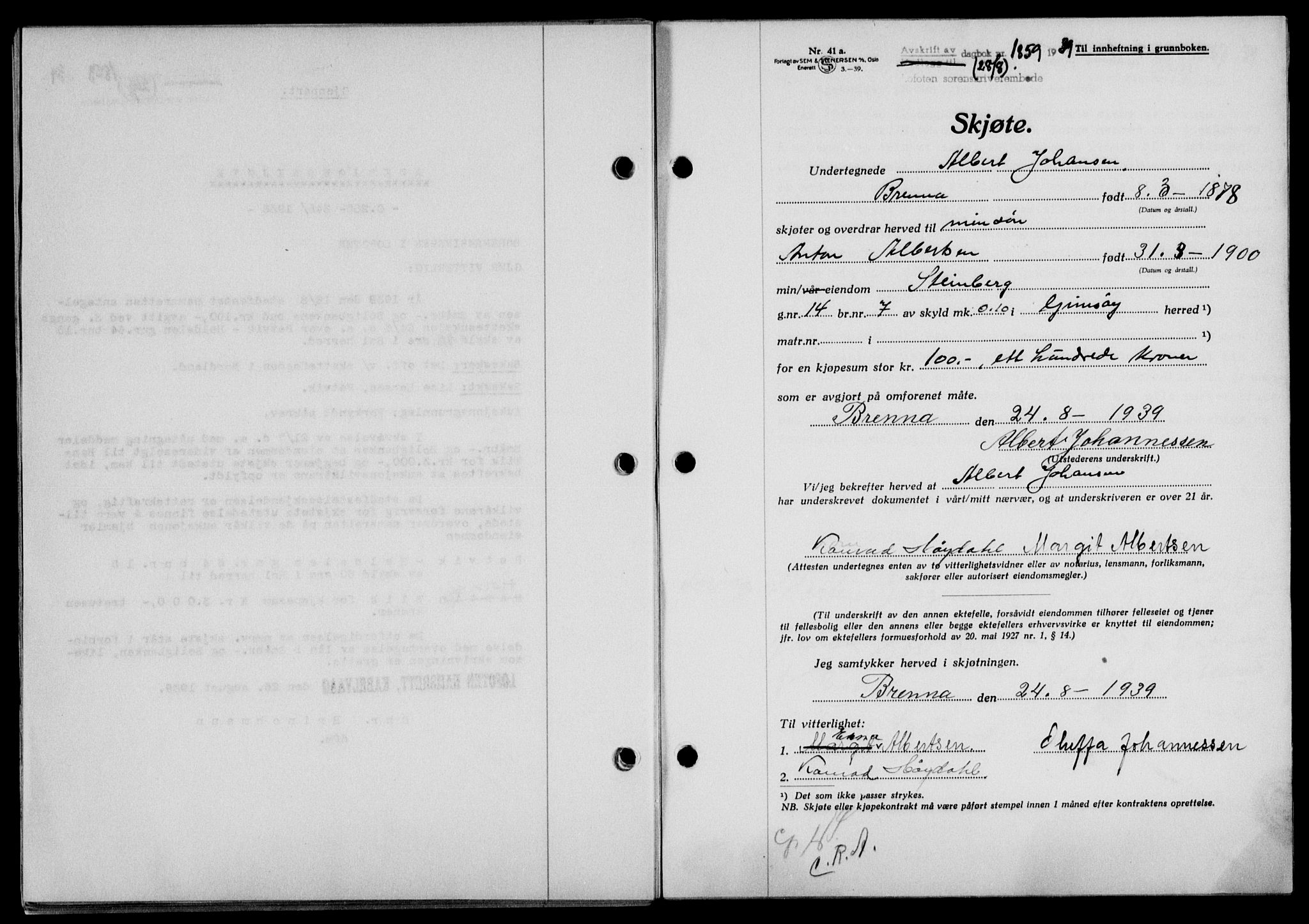 Lofoten sorenskriveri, SAT/A-0017/1/2/2C/L0006a: Mortgage book no. 6a, 1939-1939, Diary no: : 1859/1939