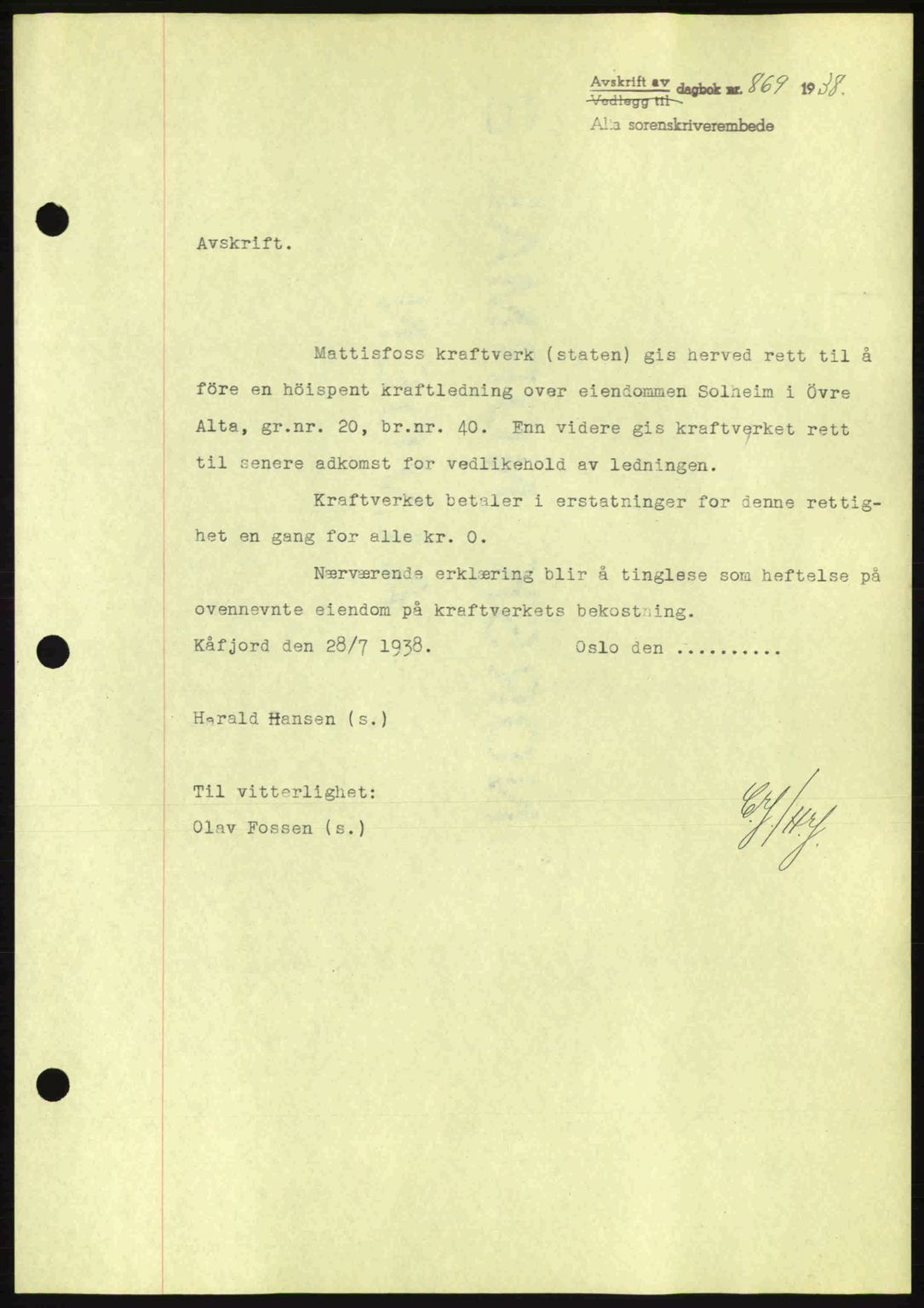 Alta fogderi/sorenskriveri, SATØ/SATØ-5/1/K/Kd/L0031pantebok: Mortgage book no. 31, 1938-1939, Diary no: : 869/1938