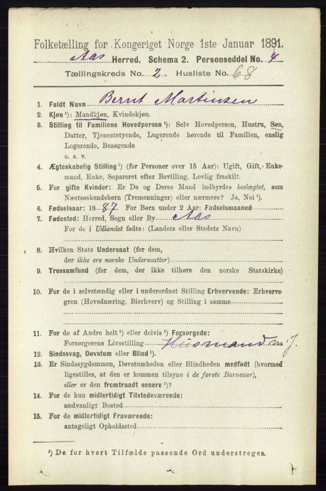 RA, 1891 census for 0214 Ås, 1891, p. 2014