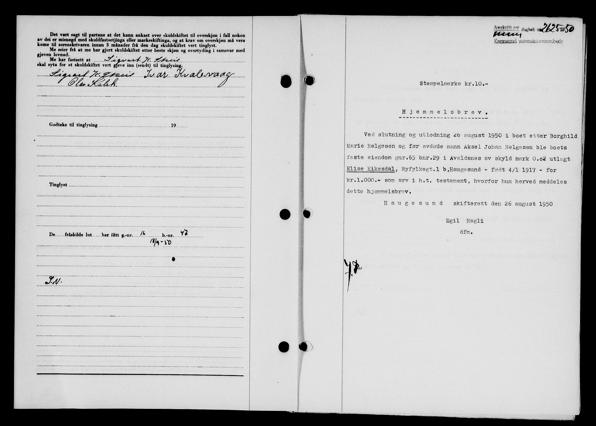 Karmsund sorenskriveri, SAST/A-100311/01/II/IIB/L0101: Mortgage book no. 81A, 1950-1951, Diary no: : 2625/1950