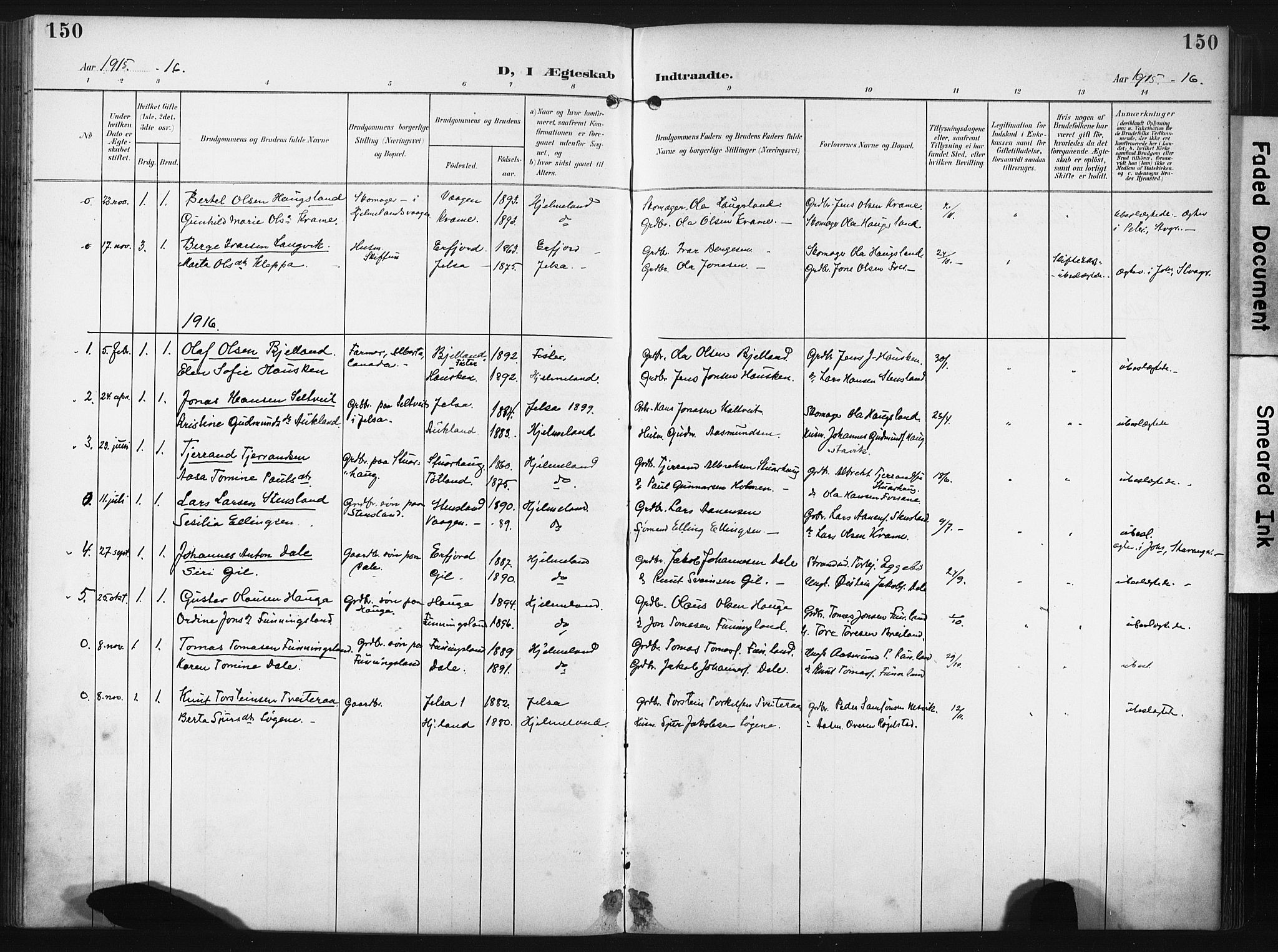 Hjelmeland sokneprestkontor, SAST/A-101843/02/A/L0002: Parish register (official) no. A 17, 1901-1916, p. 150