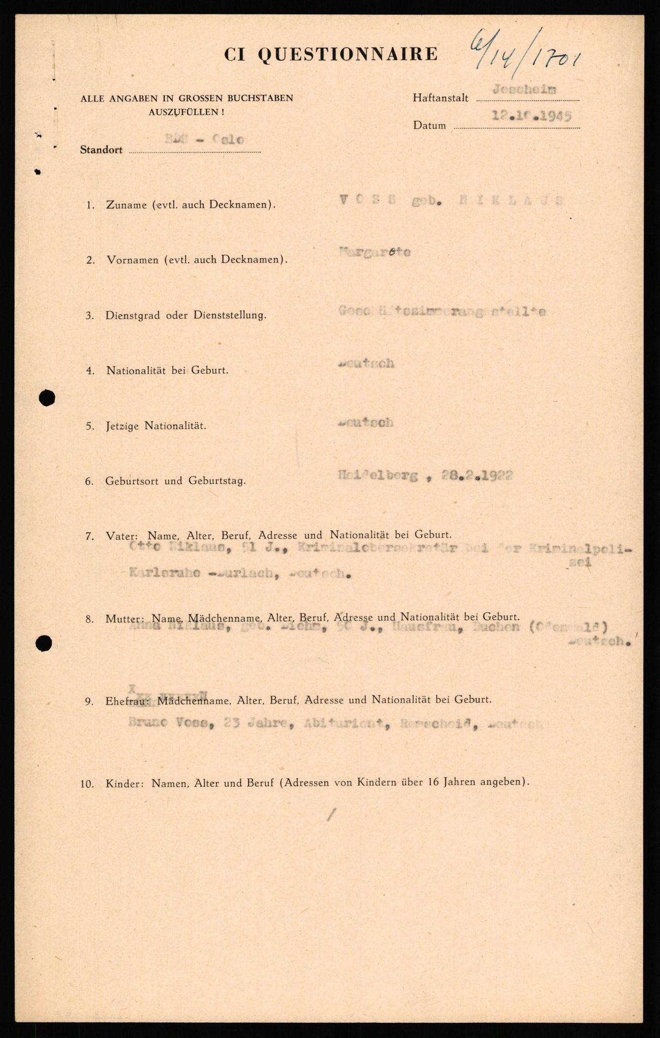 Forsvaret, Forsvarets overkommando II, AV/RA-RAFA-3915/D/Db/L0034: CI Questionaires. Tyske okkupasjonsstyrker i Norge. Tyskere., 1945-1946, p. 341