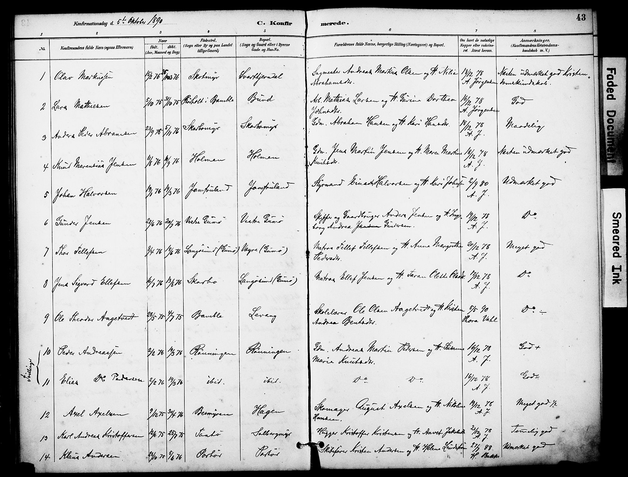 Skåtøy kirkebøker, SAKO/A-304/F/Fa/L0003: Parish register (official) no. I 3, 1884-1899, p. 43