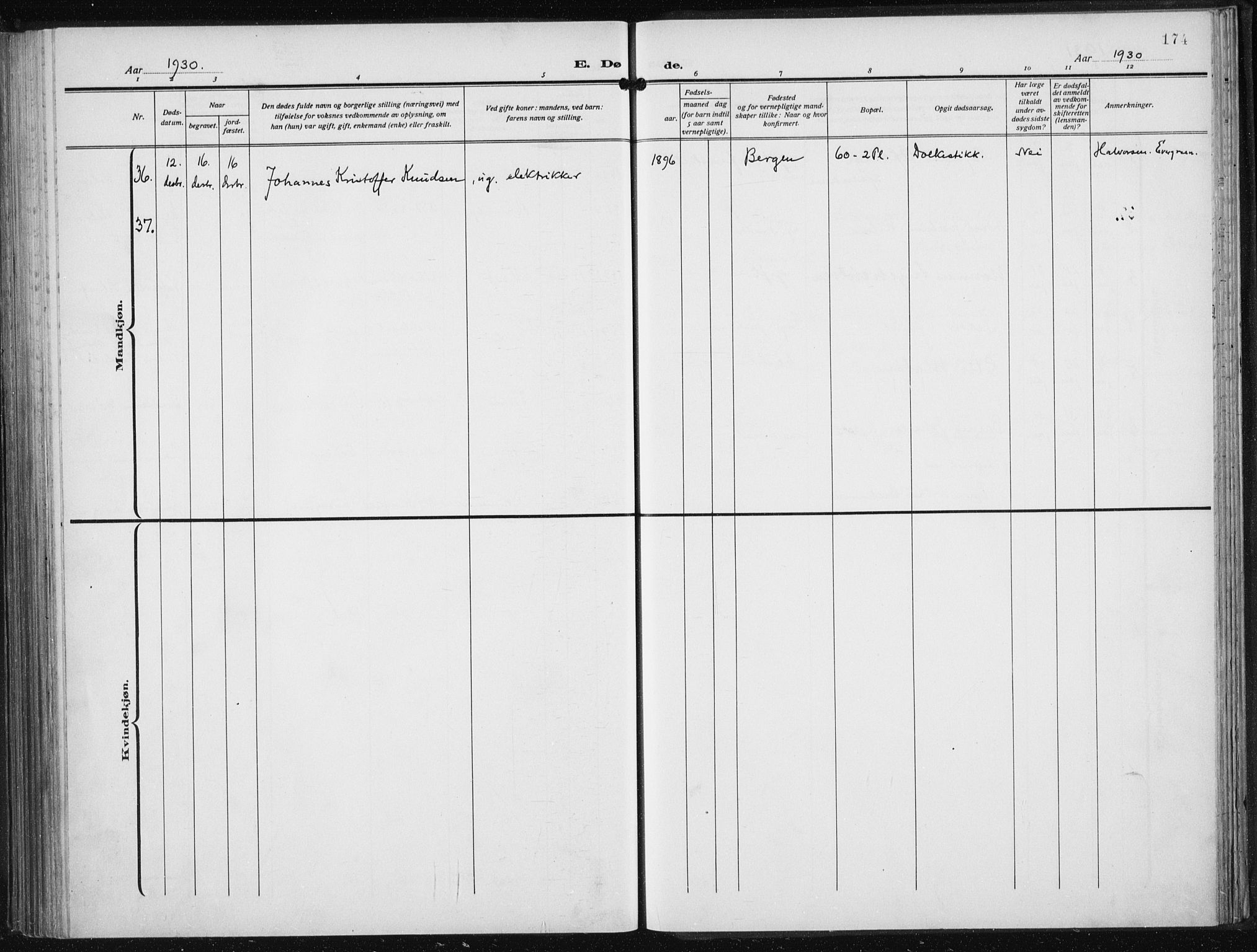 Den norske sjømannsmisjon i utlandet/New York, SAB/SAB/PA-0110/H/Ha/L0008: Parish register (official) no. A 8, 1923-1935, p. 174