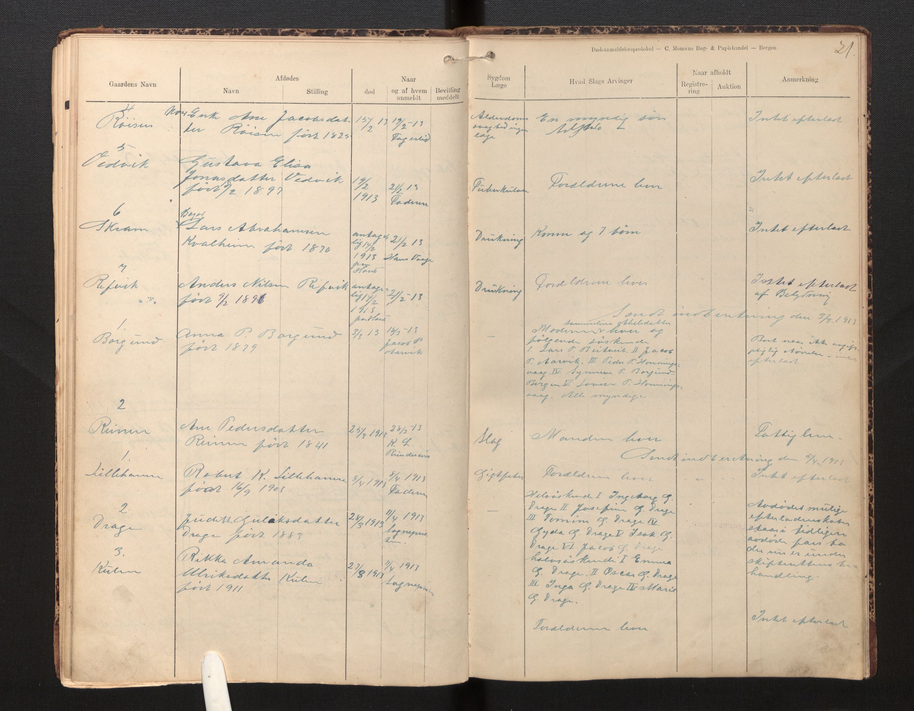 Lensmannen i Selje, AV/SAB-A-29701/0006/L0006: Dødsfallprotokoll, 1910-1916, p. 21