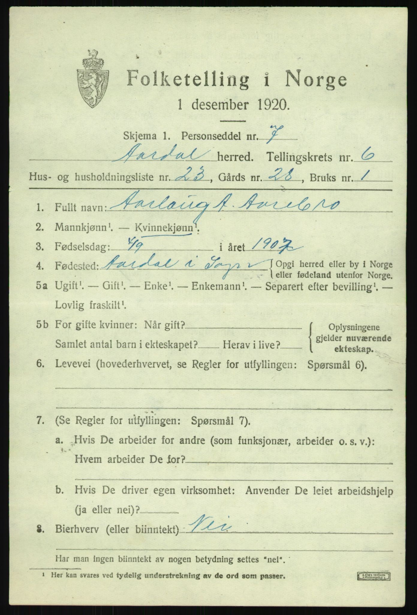 SAB, 1920 census for Årdal, 1920, p. 3265