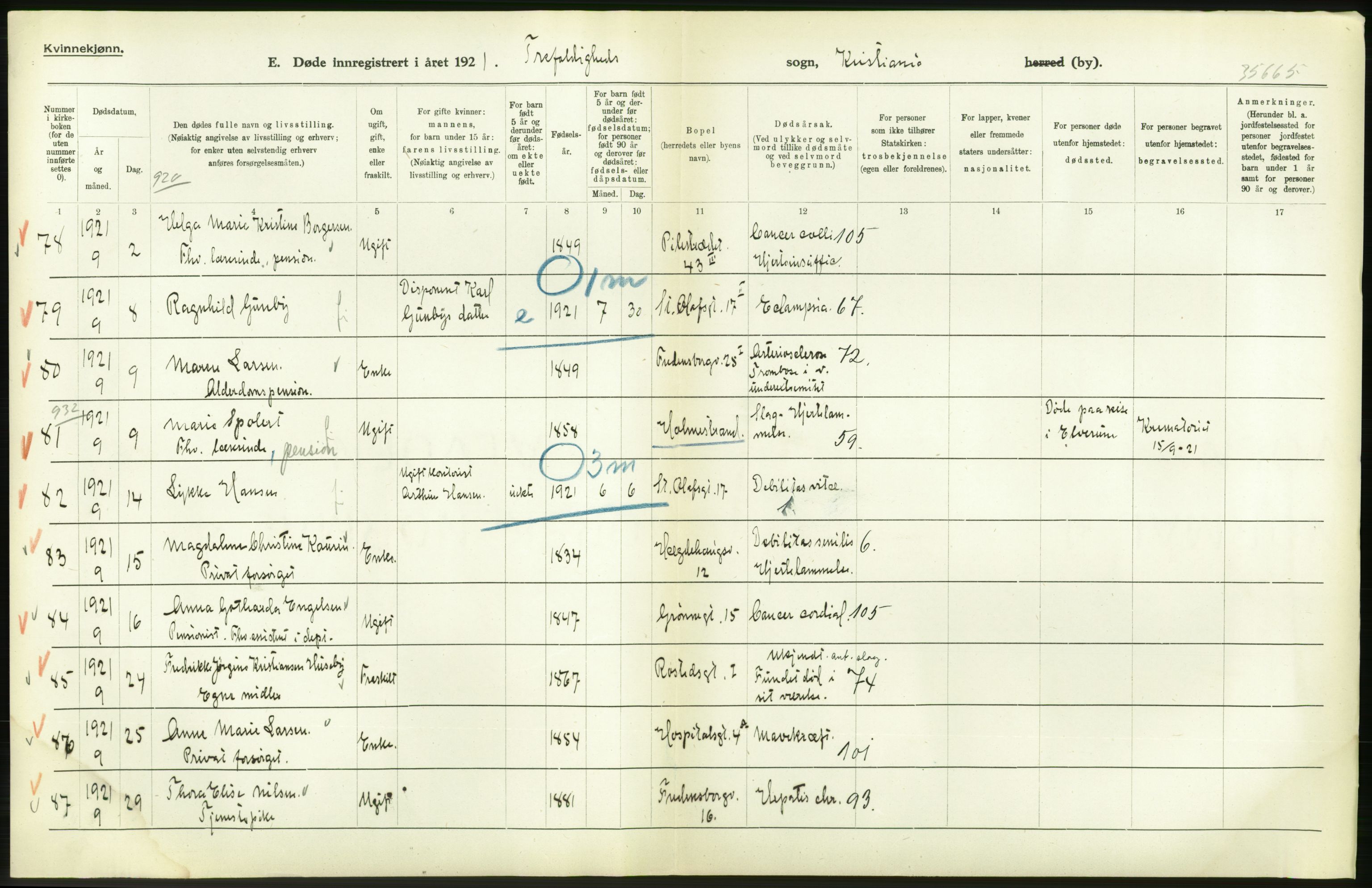 Statistisk sentralbyrå, Sosiodemografiske emner, Befolkning, AV/RA-S-2228/D/Df/Dfc/Dfca/L0012: Kristiania: Døde, 1921, p. 520