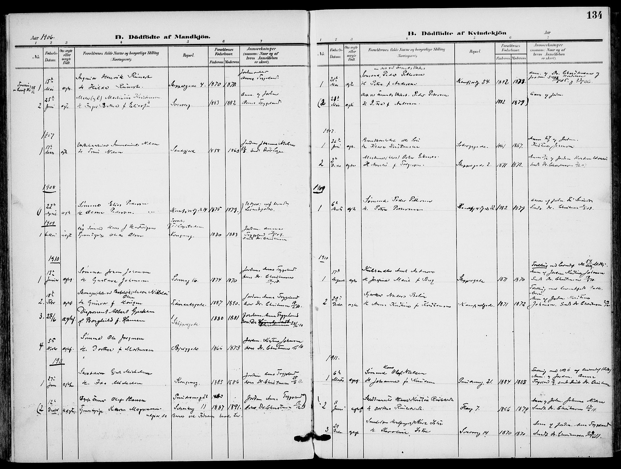 Sandefjord kirkebøker, SAKO/A-315/F/Fa/L0005: Parish register (official) no. 5, 1906-1915, p. 134