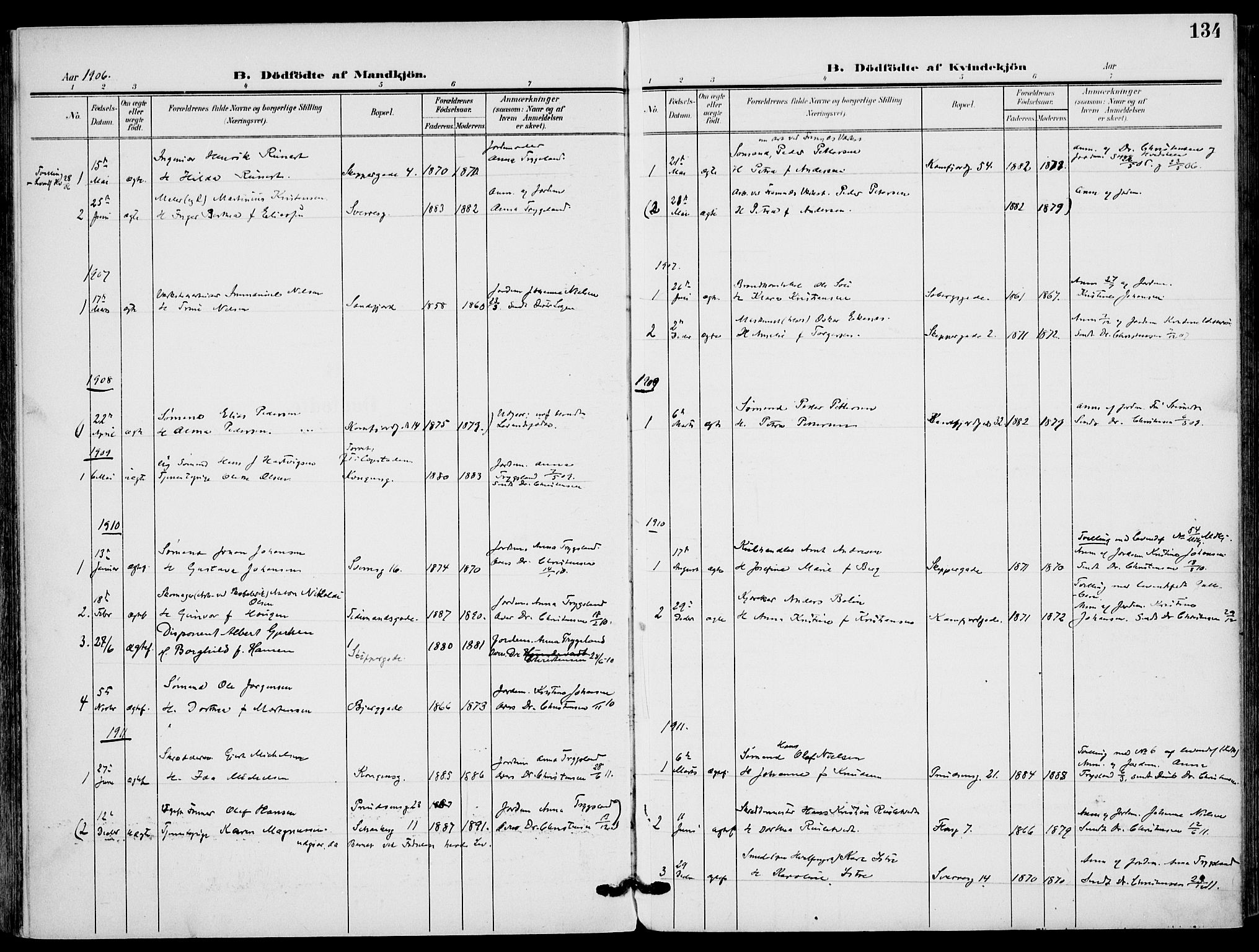Sandefjord kirkebøker, AV/SAKO-A-315/F/Fa/L0005: Parish register (official) no. 5, 1906-1915, p. 134