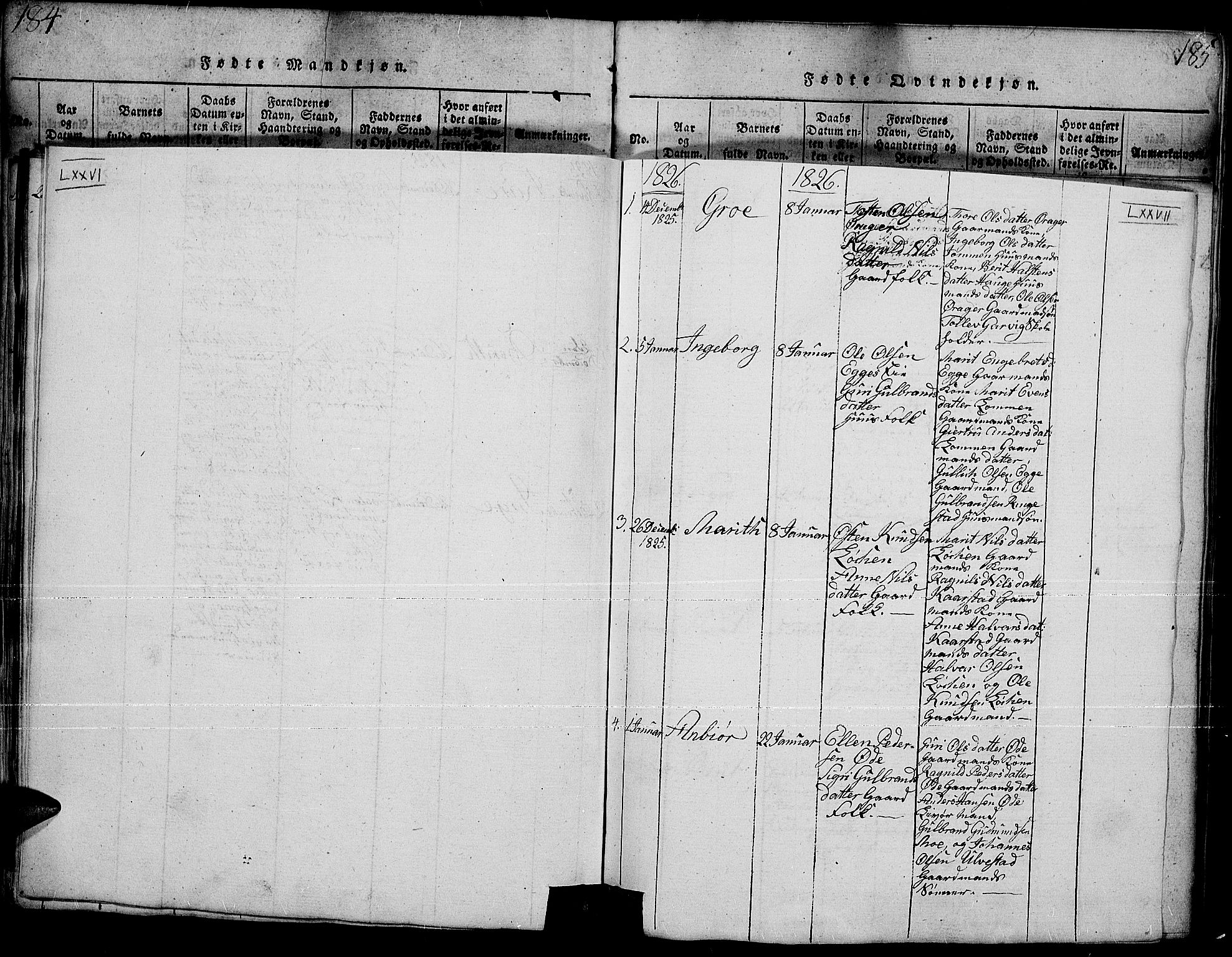 Slidre prestekontor, SAH/PREST-134/H/Ha/Hab/L0001: Parish register (copy) no. 1, 1814-1838, p. 185m