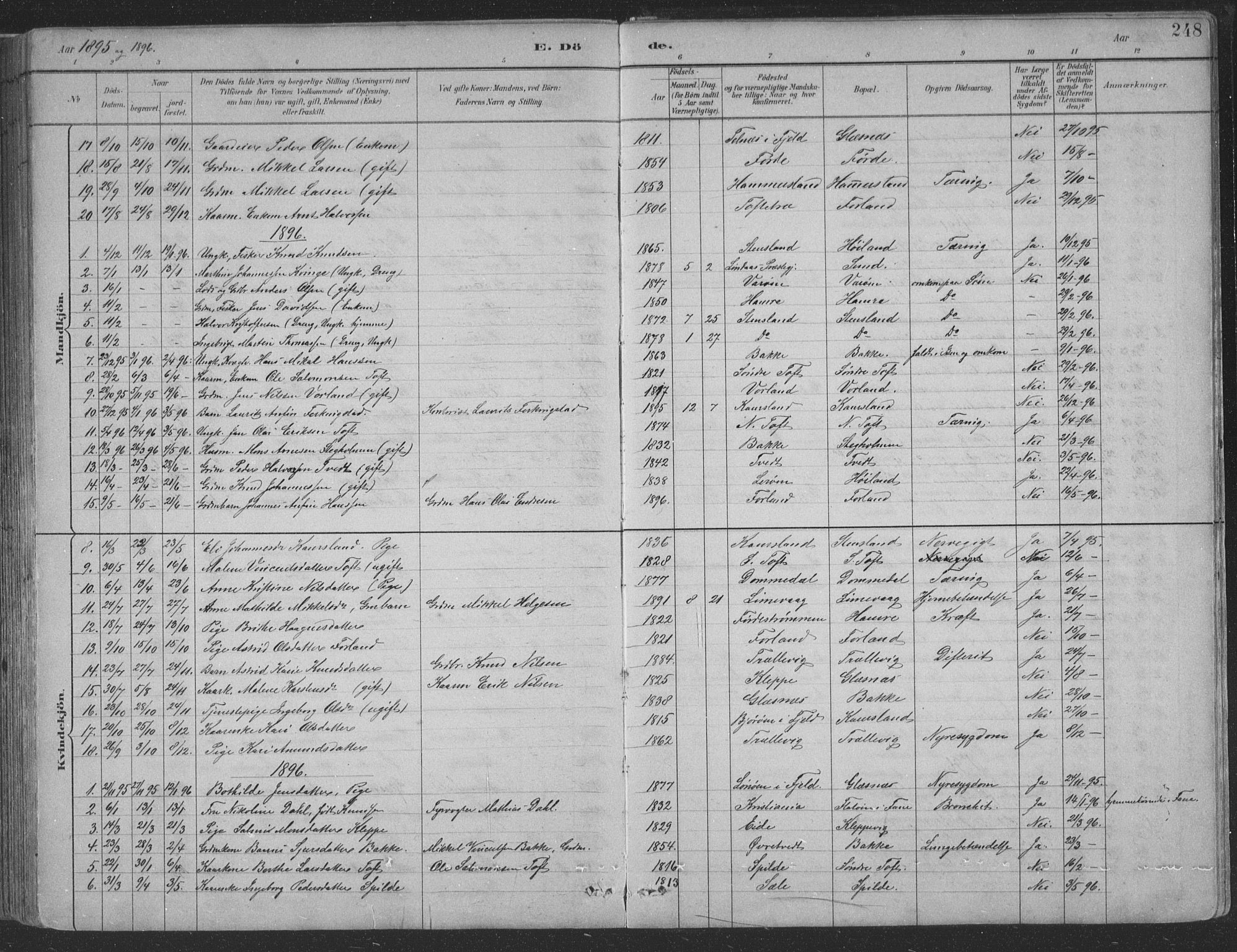 Sund sokneprestembete, SAB/A-99930: Parish register (copy) no. B 3, 1882-1911, p. 248