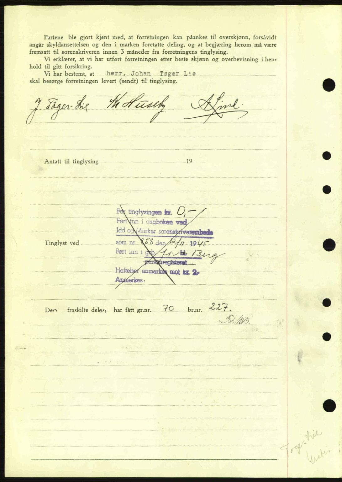 Idd og Marker sorenskriveri, AV/SAO-A-10283/G/Gb/Gbb/L0007: Mortgage book no. A7, 1944-1945, Diary no: : 858/1945