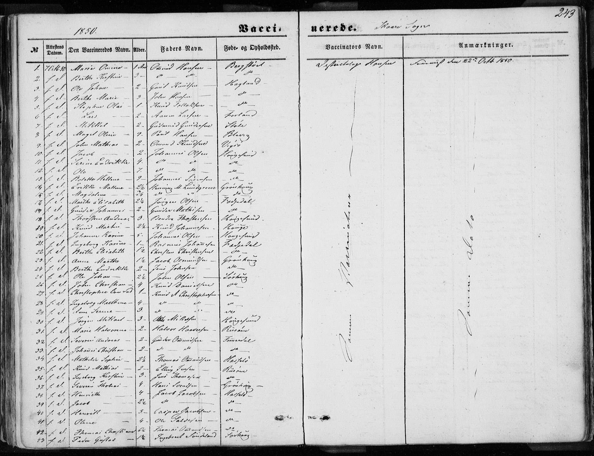 Torvastad sokneprestkontor, AV/SAST-A -101857/H/Ha/Haa/L0009: Parish register (official) no. A 9, 1847-1856, p. 243