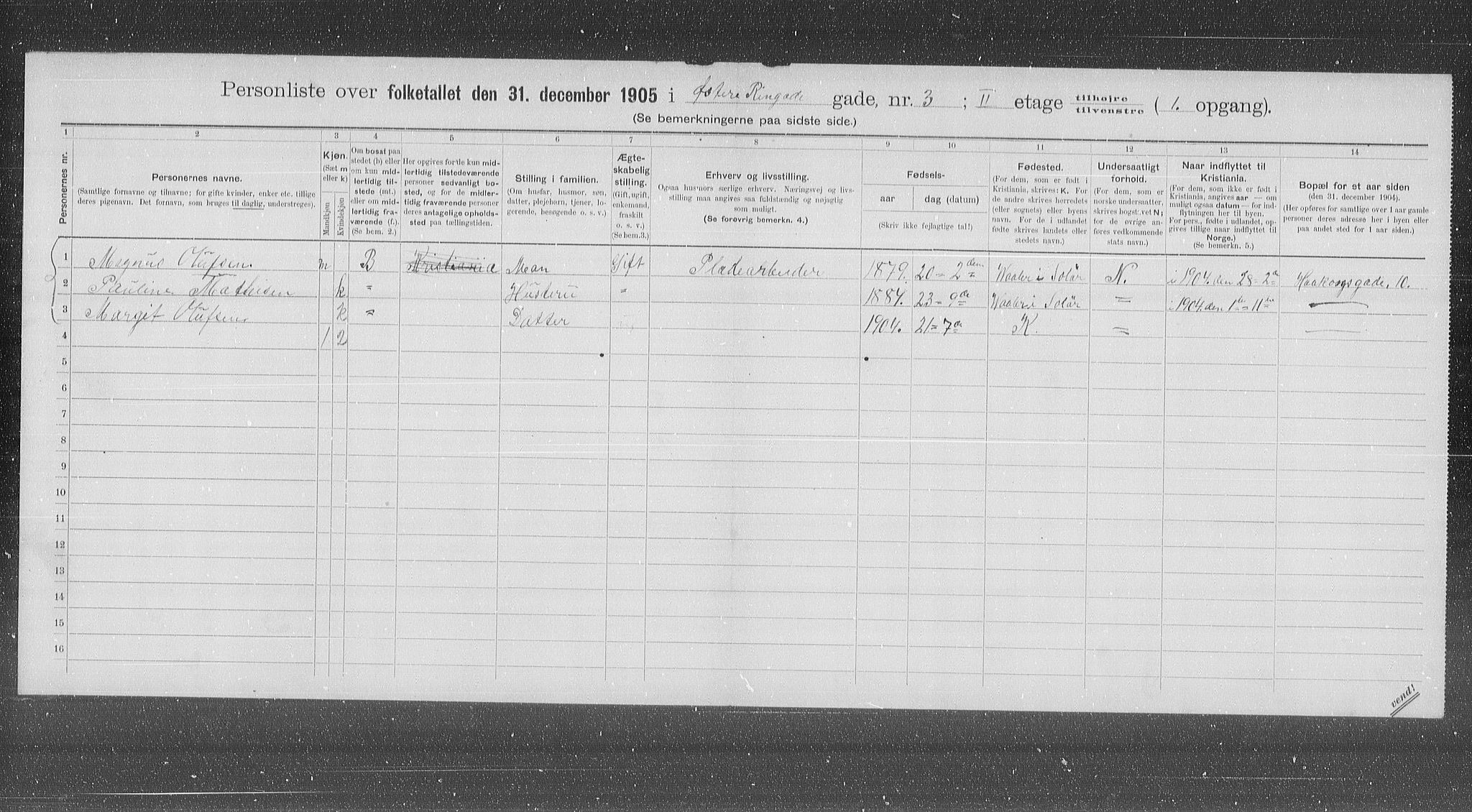 OBA, Municipal Census 1905 for Kristiania, 1905, p. 68039