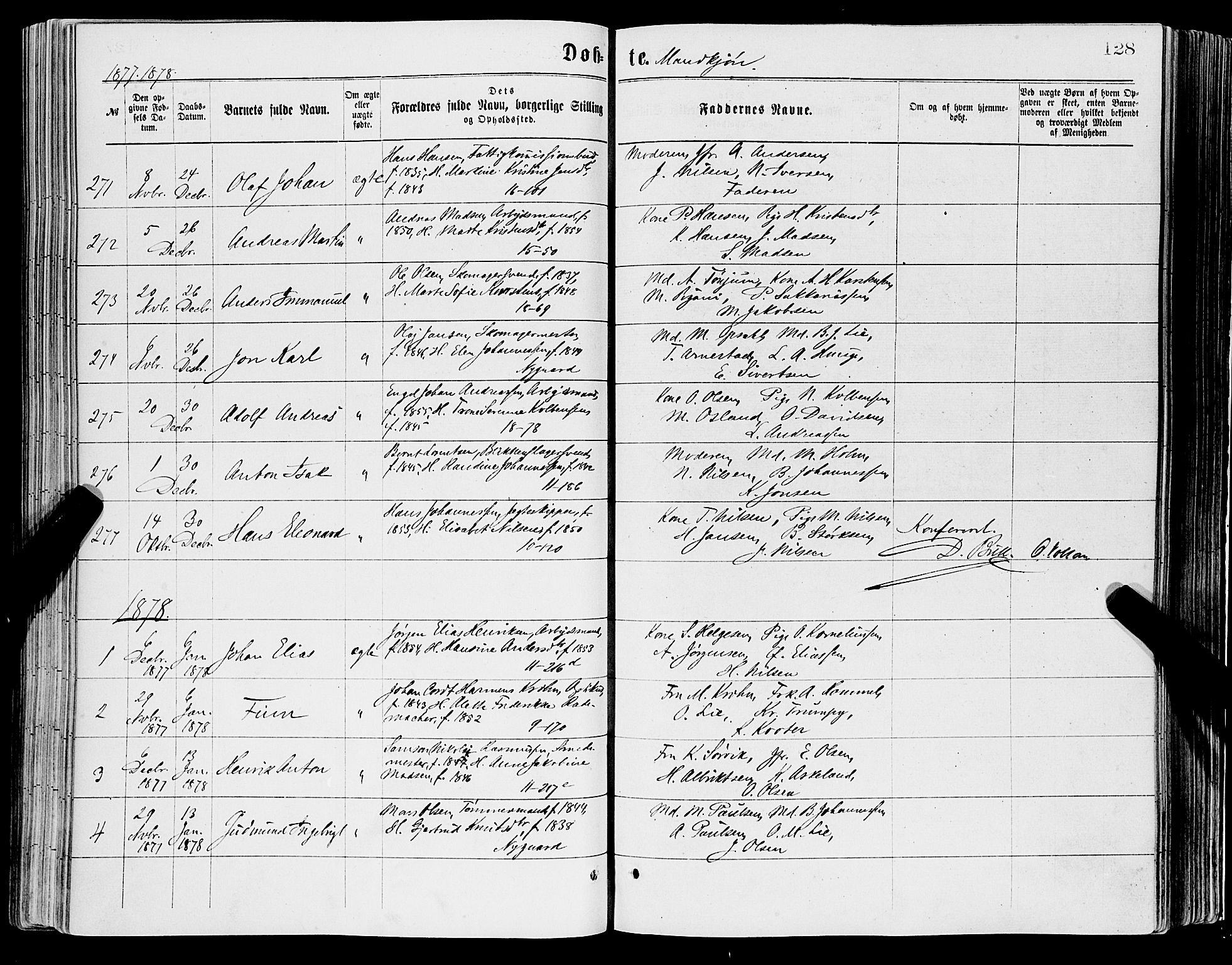 Domkirken sokneprestembete, SAB/A-74801/H/Haa/L0022: Parish register (official) no. B 5, 1872-1878, p. 128