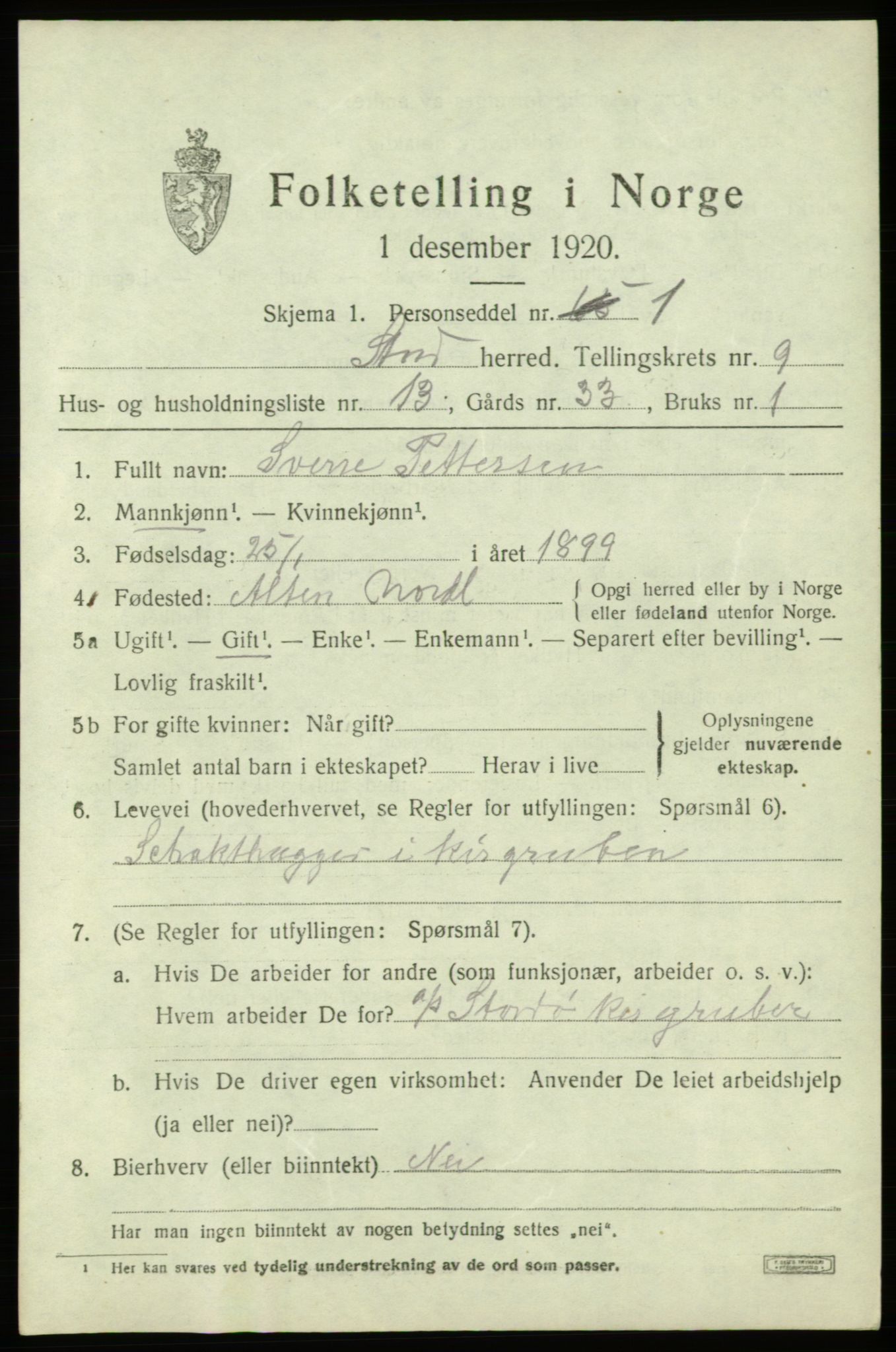 SAB, 1920 census for Stord, 1920, p. 4839