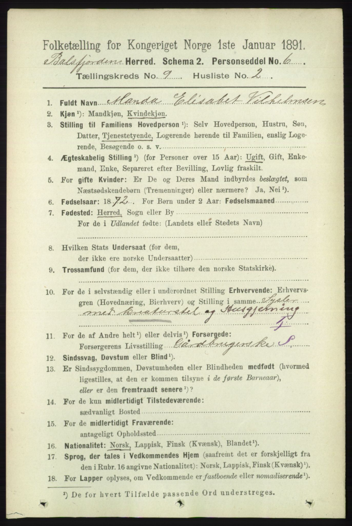 RA, 1891 census for 1933 Balsfjord, 1891, p. 3126