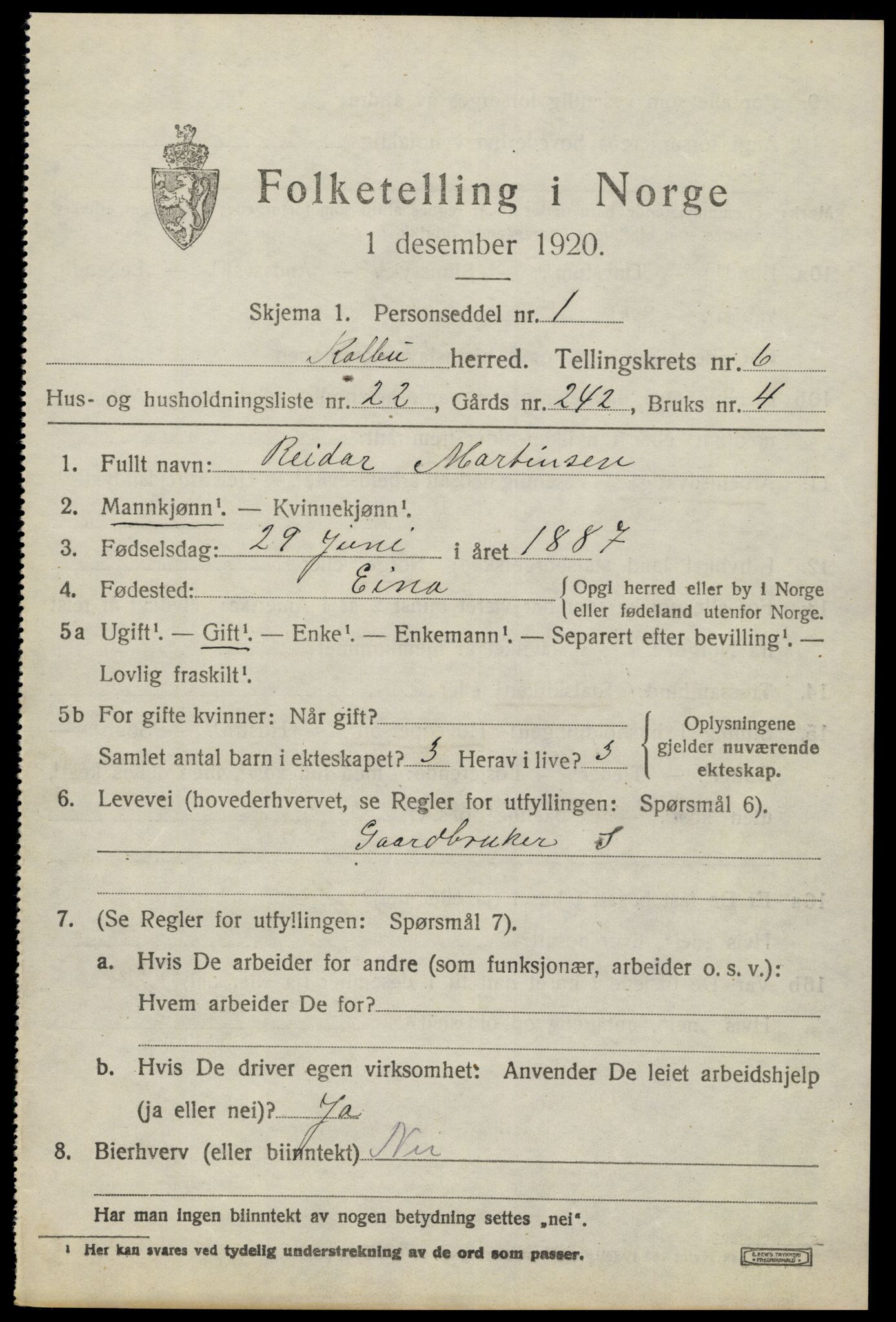 SAH, 1920 census for Kolbu, 1920, p. 4630