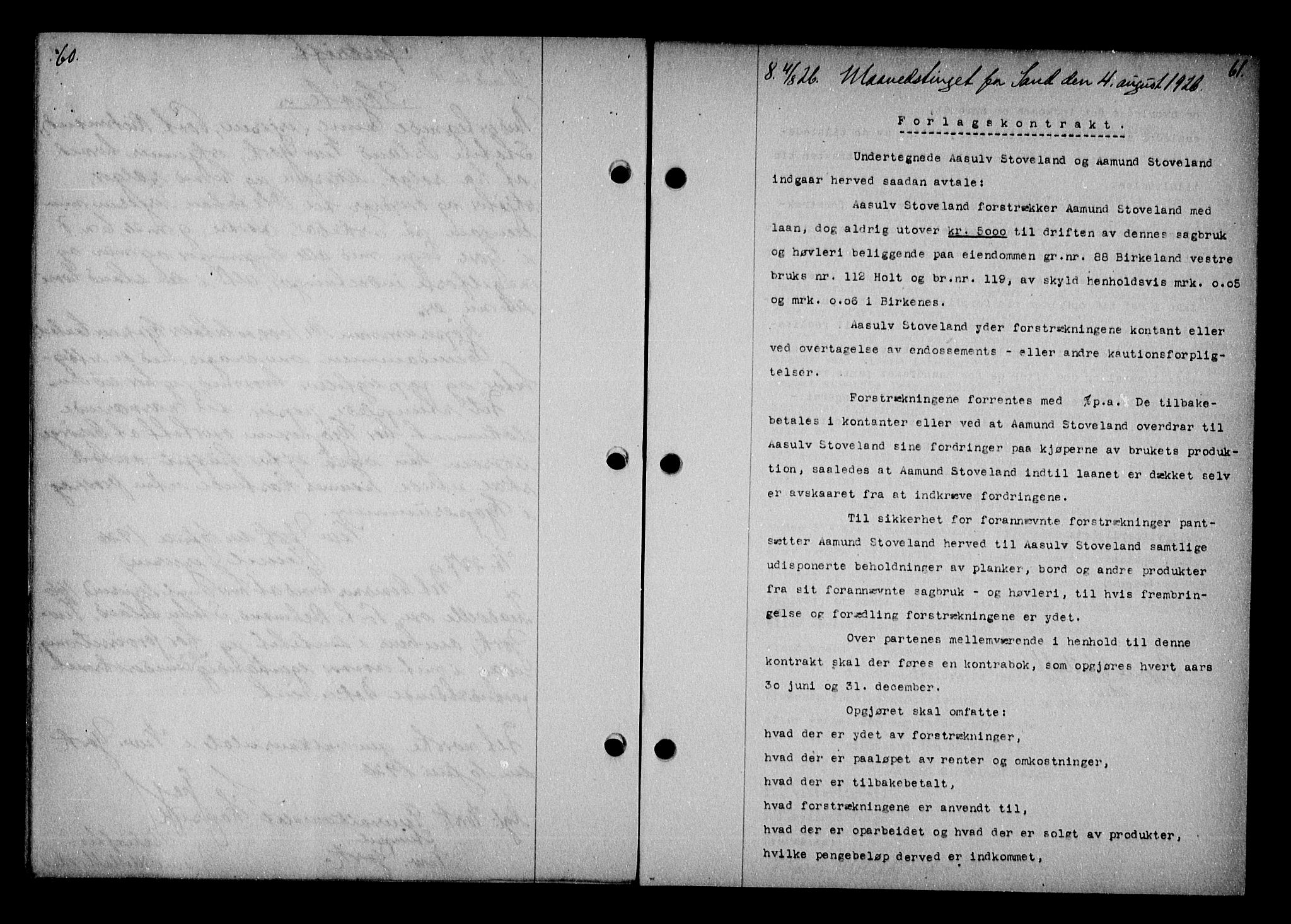 Vestre Nedenes/Sand sorenskriveri, AV/SAK-1221-0010/G/Gb/Gba/L0036: Mortgage book no. 62, 1926-1928, p. 60-61