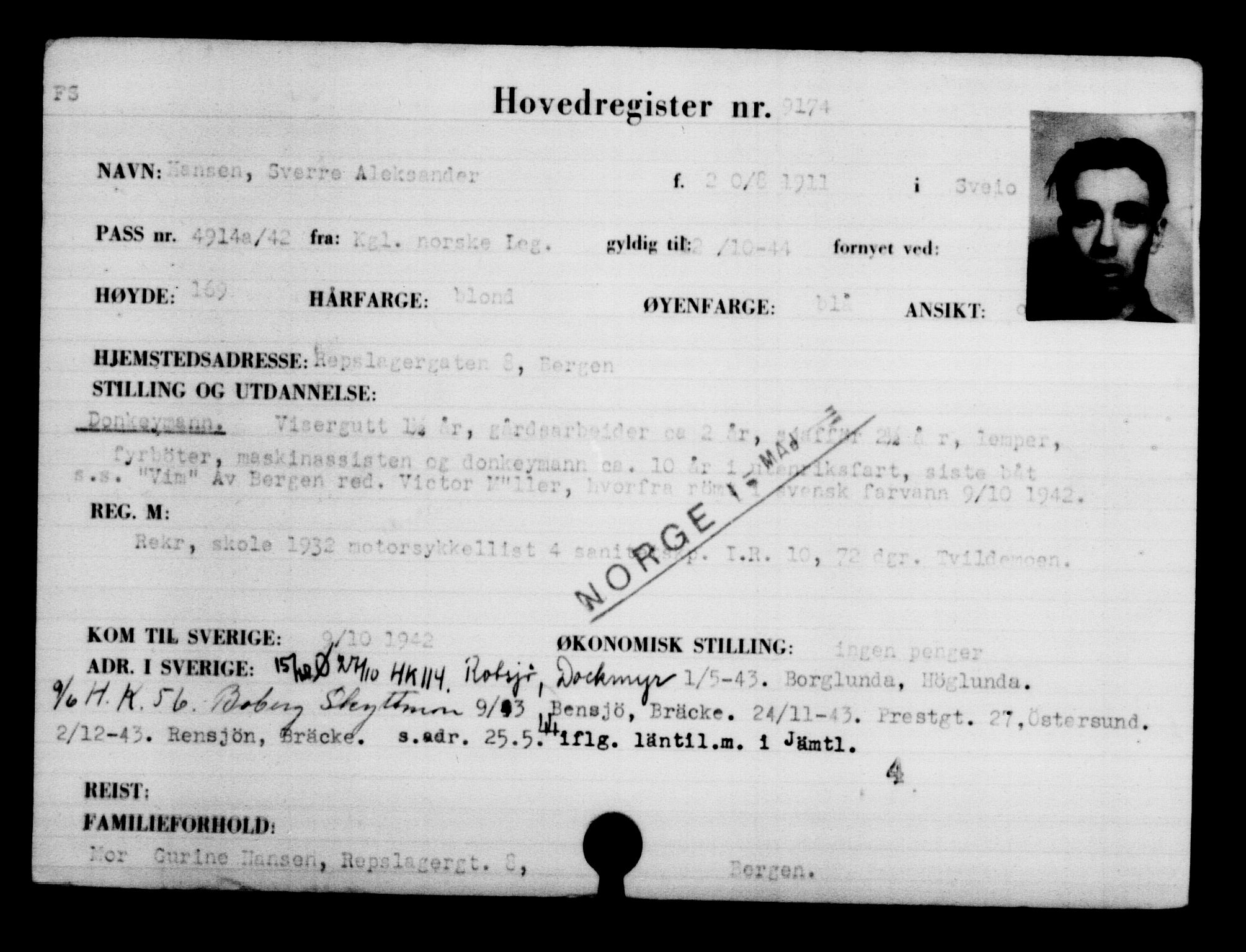 Utenriksstasjonene, Legasjonen i Stockholm, Flyktningkontoret, AV/RA-S-6753/V/Va/L0005: Kjesäterkartoteket, flyktninger med registreringsnr. 6600-9417, 1940-1945, p. 3037