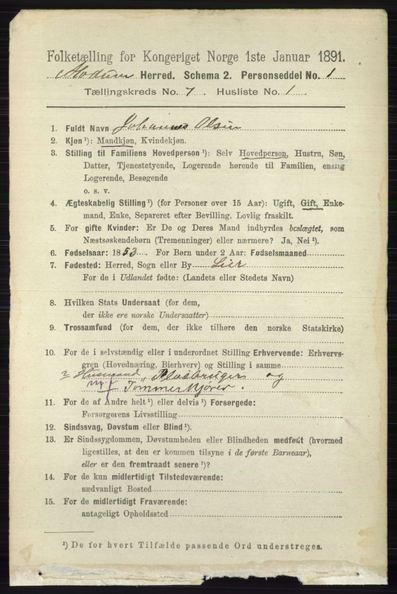 RA, 1891 census for 0623 Modum, 1891, p. 2727