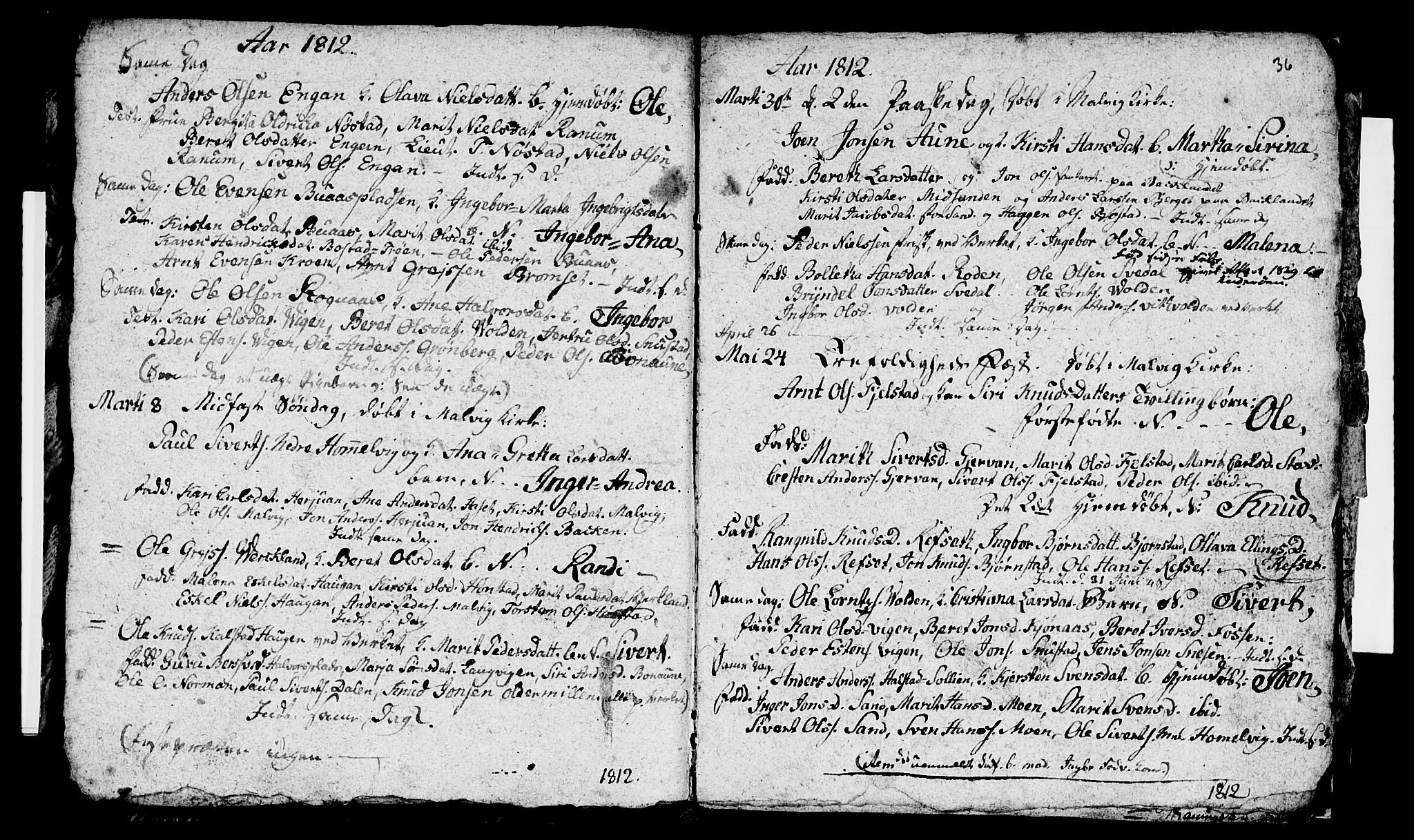 Ministerialprotokoller, klokkerbøker og fødselsregistre - Sør-Trøndelag, SAT/A-1456/616/L0419: Parish register (copy) no. 616C02, 1797-1816, p. 36