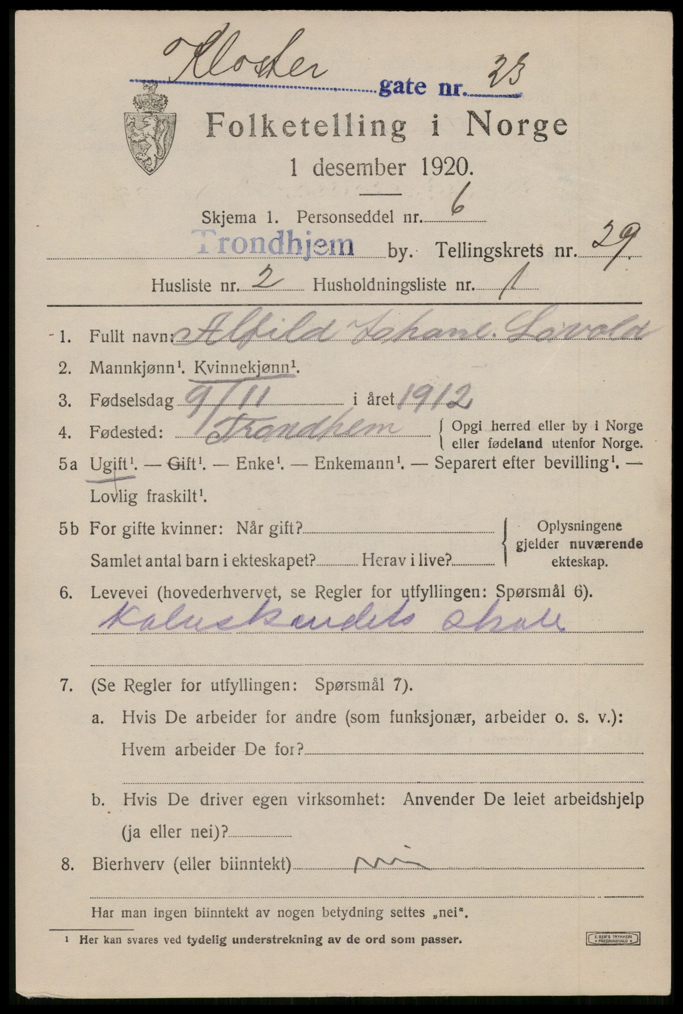 SAT, 1920 census for Trondheim, 1920, p. 72158