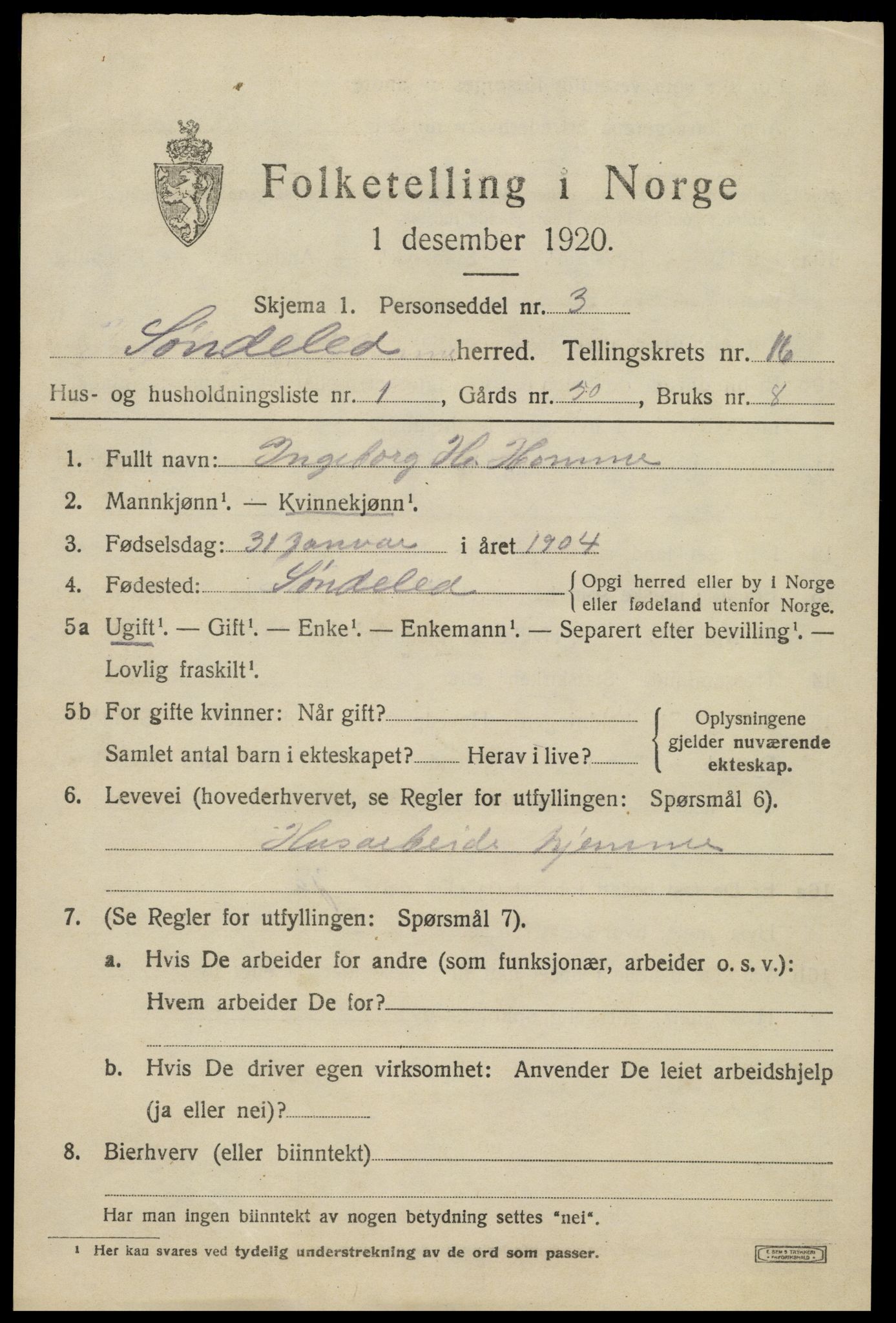 SAK, 1920 census for Søndeled, 1920, p. 7099