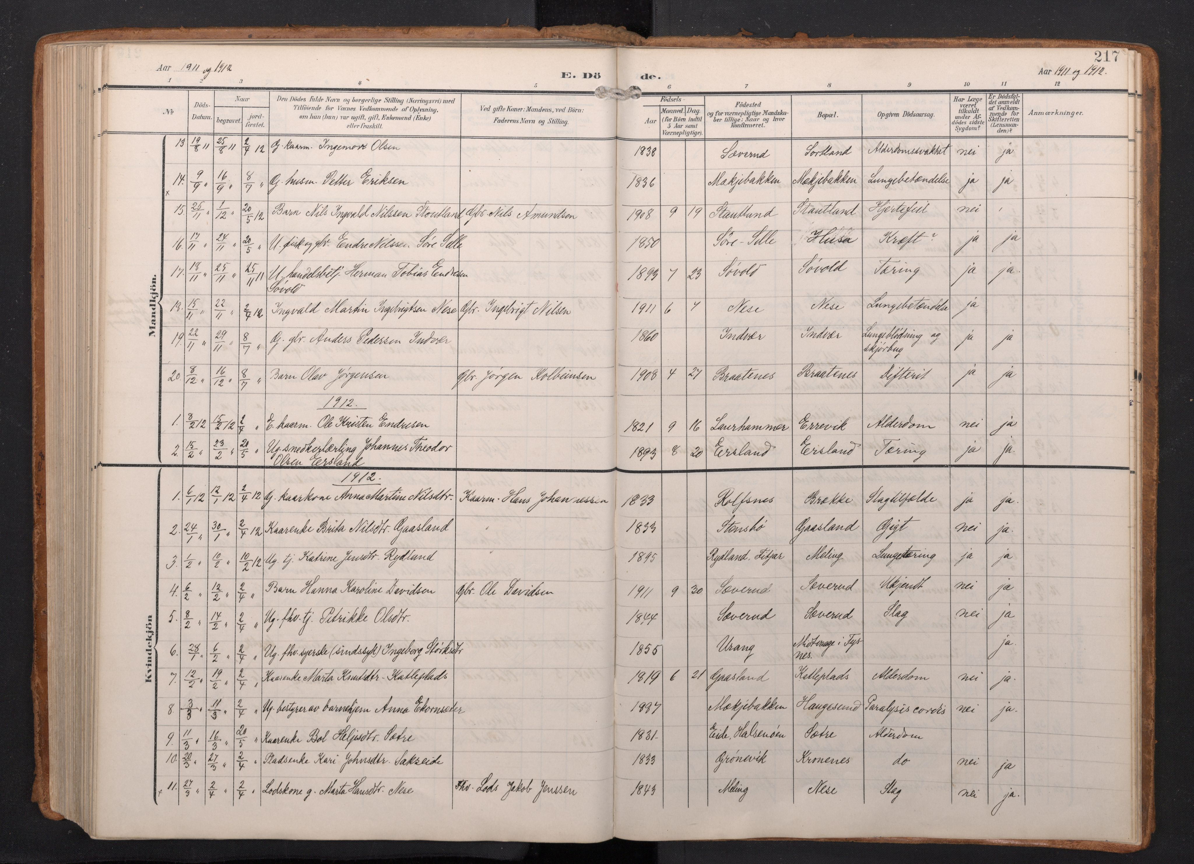 Finnås sokneprestembete, AV/SAB-A-99925/H/Ha/Haa/Haac/L0003: Parish register (official) no. C 3, 1905-1917, p. 217