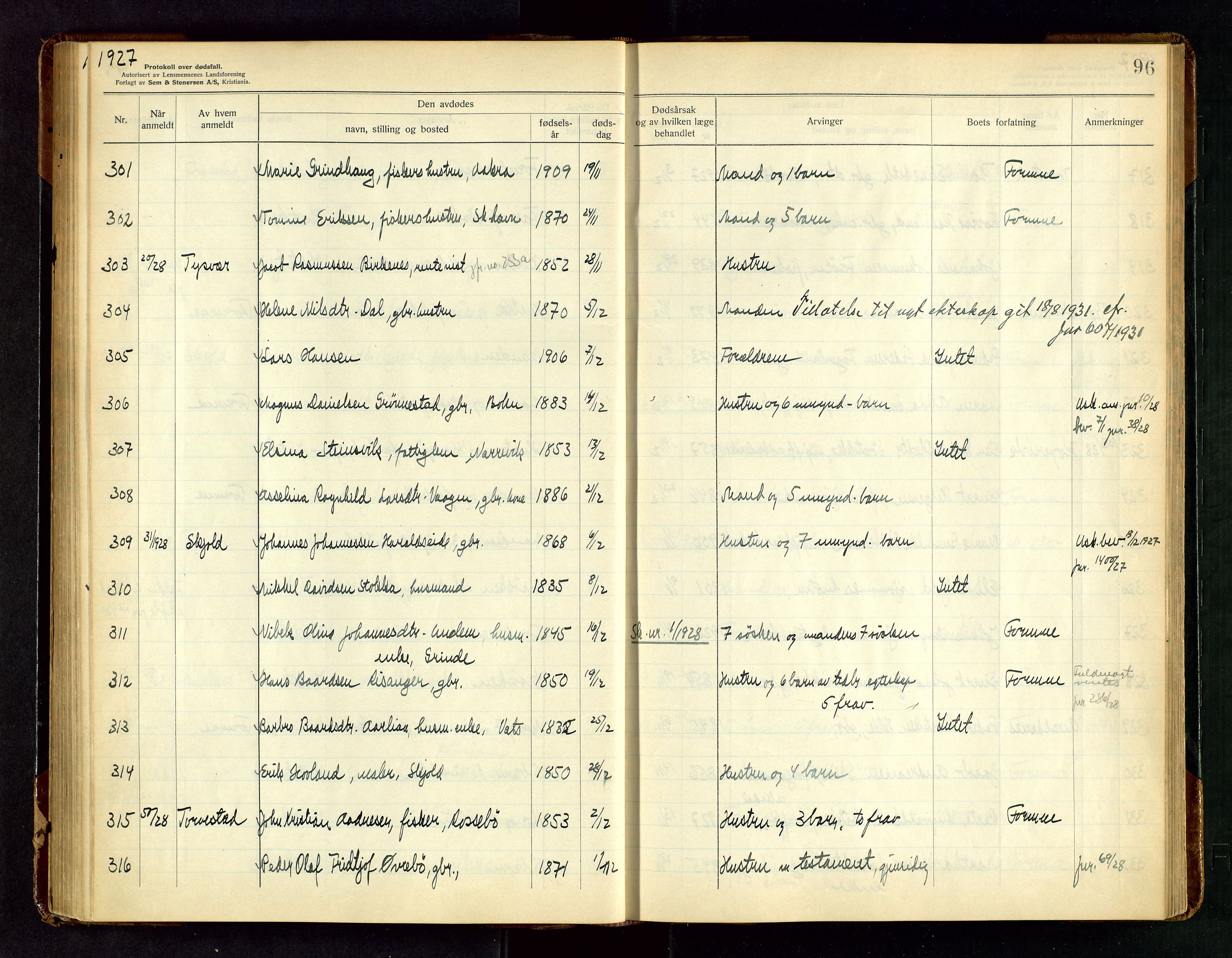 Karmsund sorenskriveri, SAST/A-100311/01/IV/IVAB/L0005: DØDSFALLSPROTOKOLL, 1923-1933, p. 96