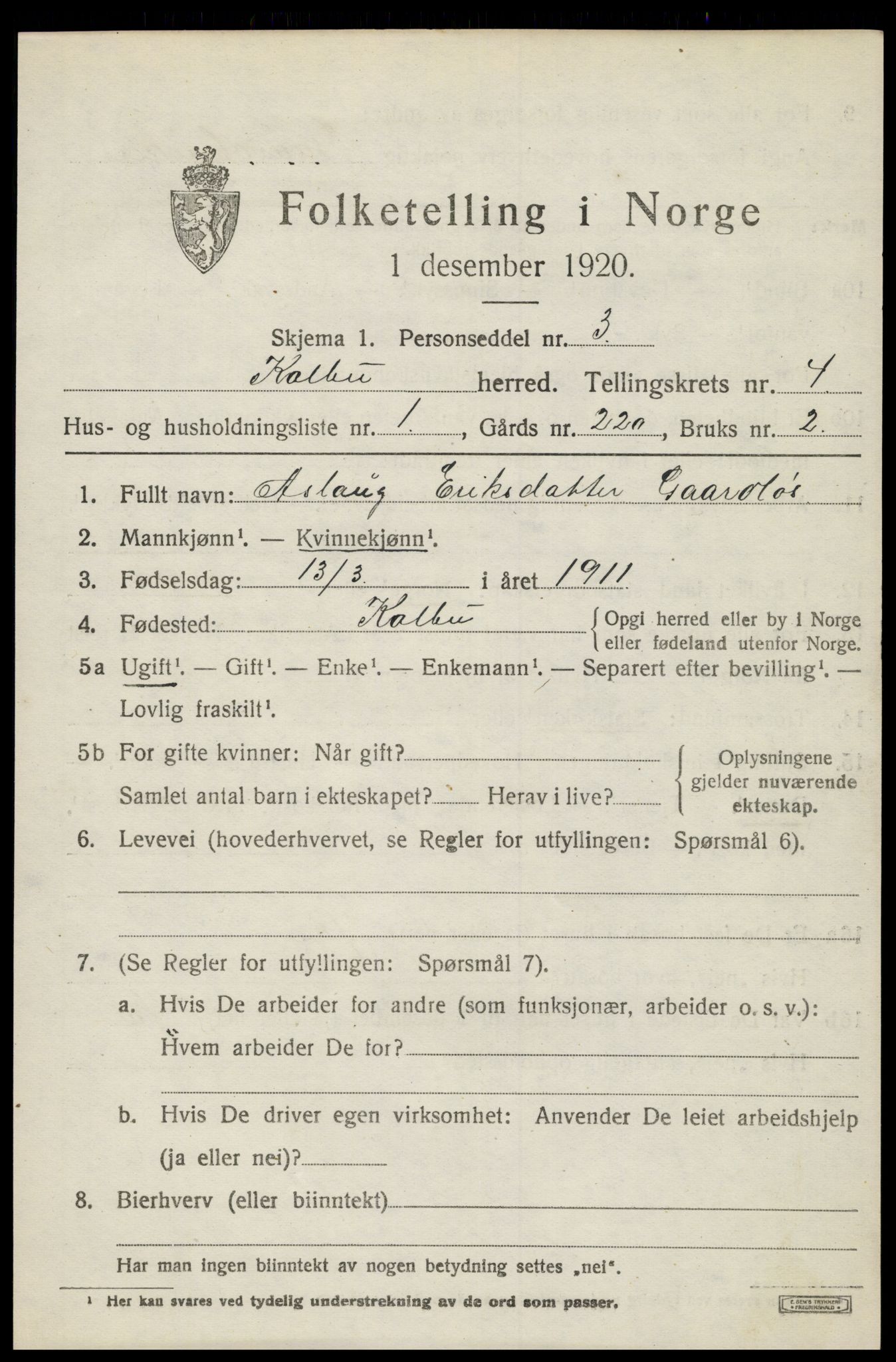 SAH, 1920 census for Kolbu, 1920, p. 3126