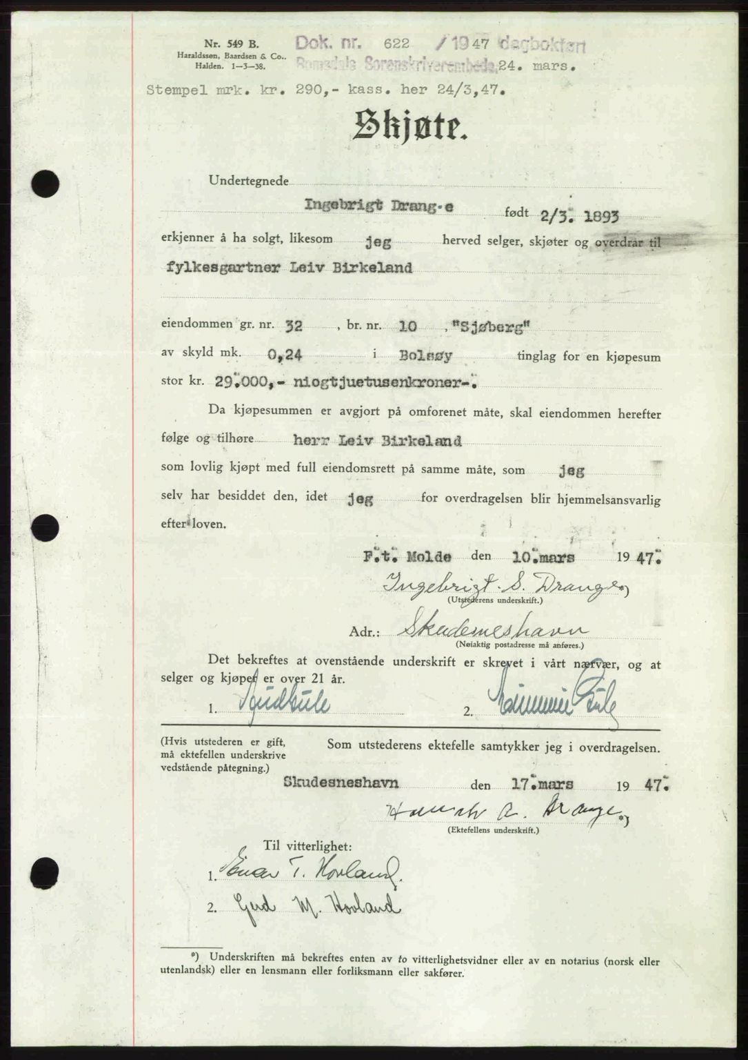 Romsdal sorenskriveri, AV/SAT-A-4149/1/2/2C: Mortgage book no. A22, 1947-1947, Diary no: : 622/1947