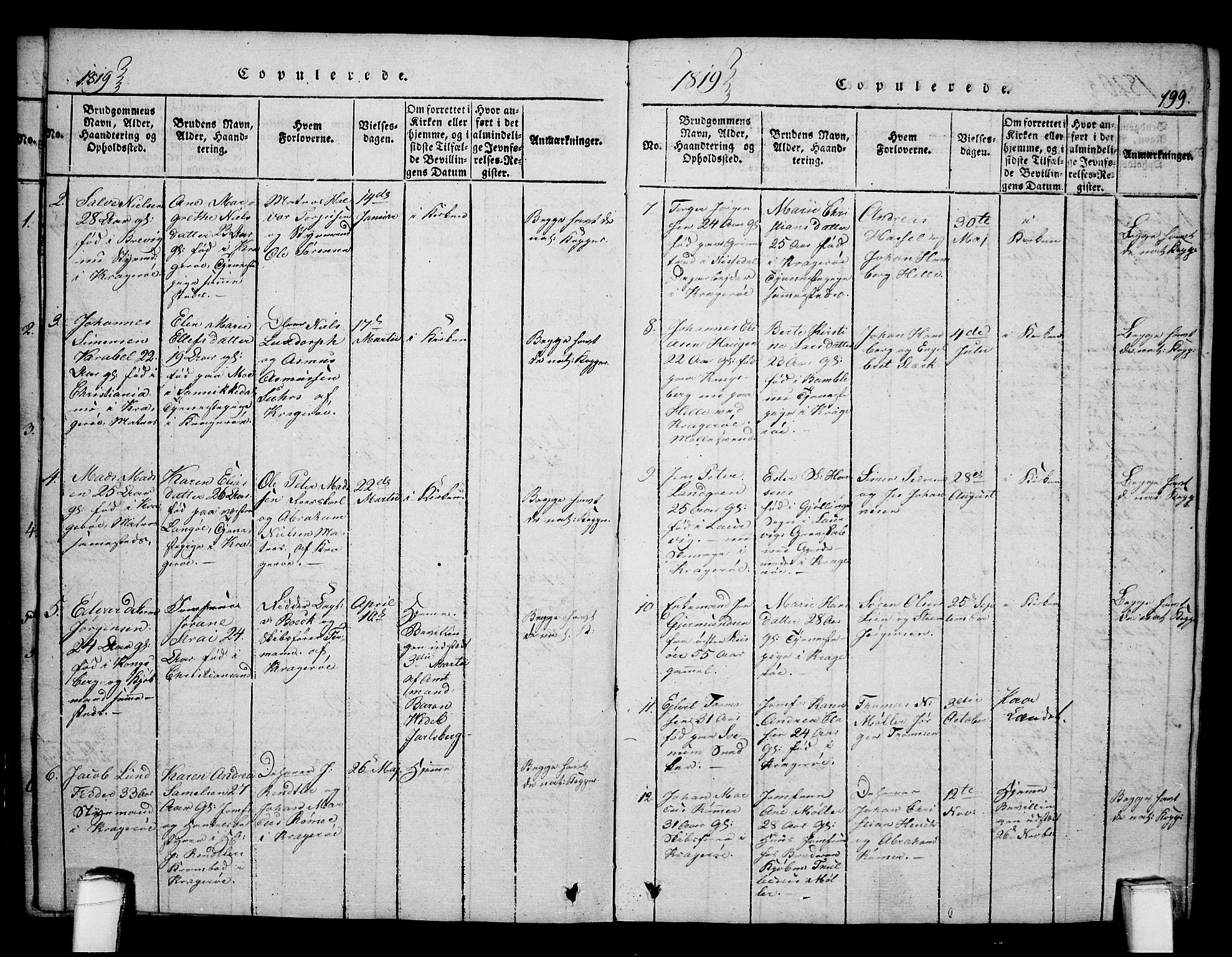 Kragerø kirkebøker, SAKO/A-278/F/Fa/L0004: Parish register (official) no. 4, 1814-1831, p. 199
