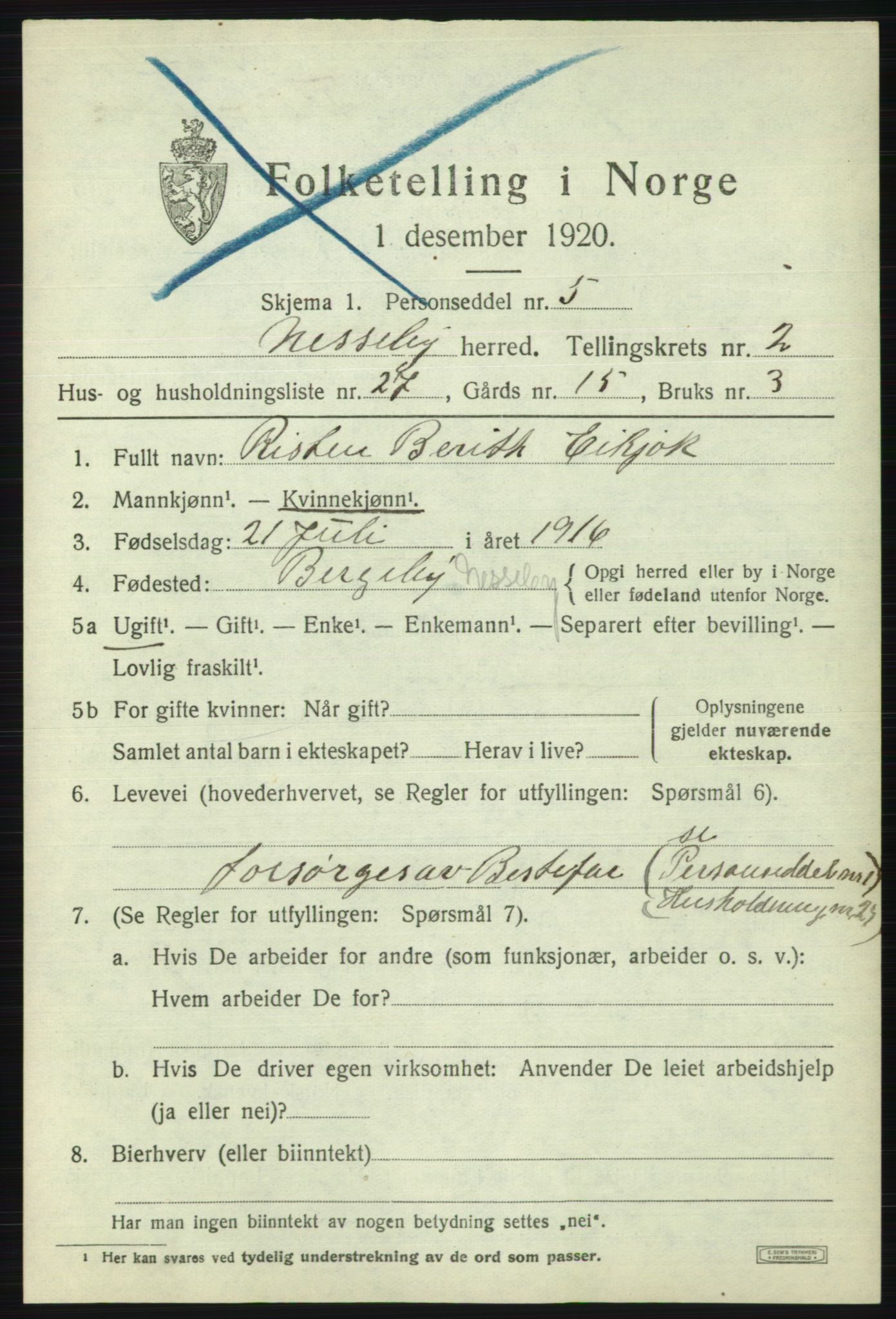 SATØ, 1920 census for Nesseby, 1920, p. 1200