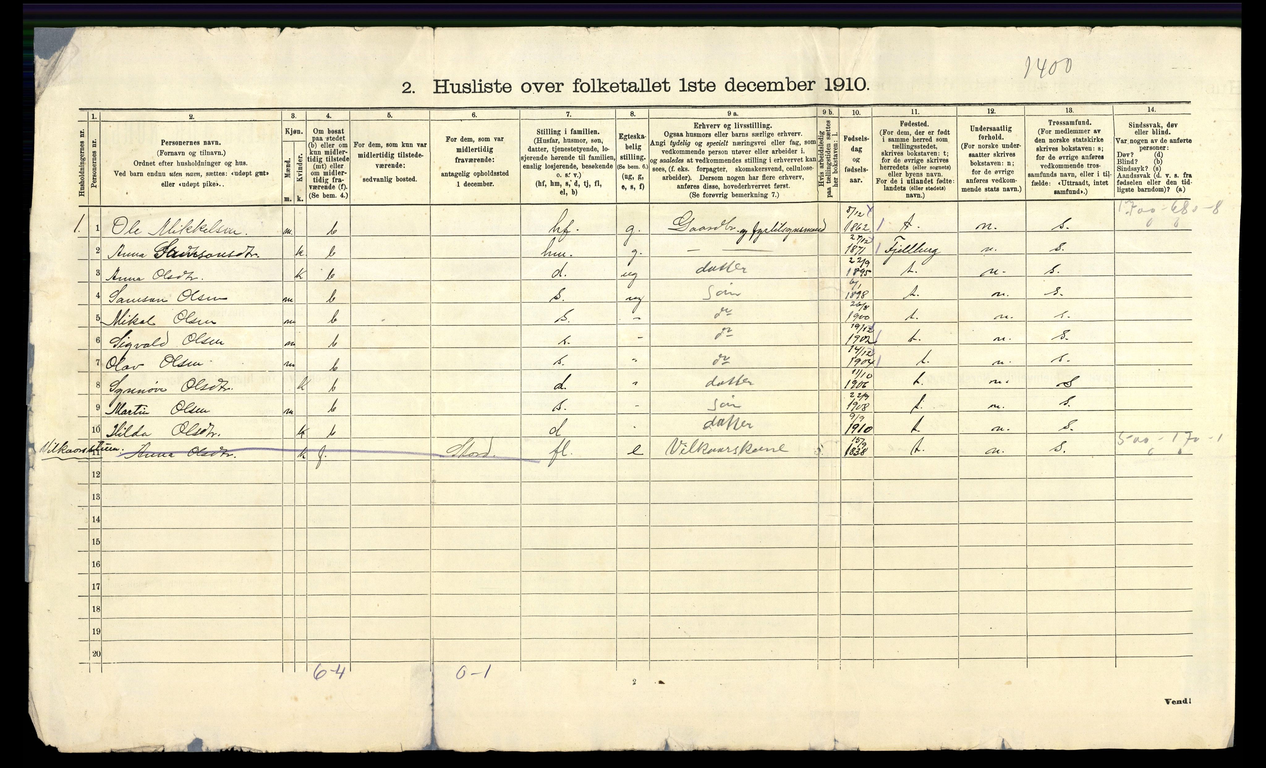 RA, 1910 census for Tysnes, 1910, p. 51