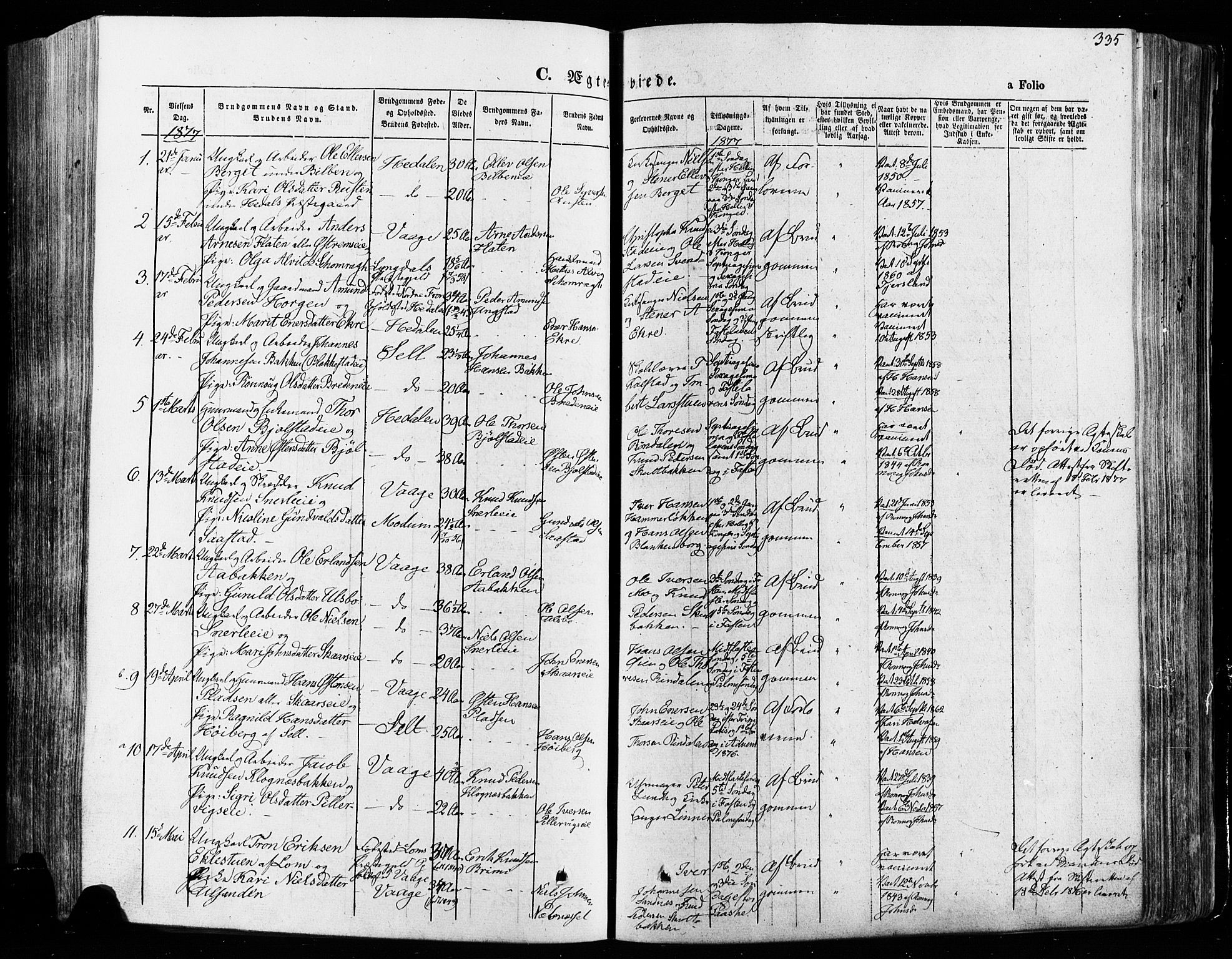 Vågå prestekontor, SAH/PREST-076/H/Ha/Haa/L0007: Parish register (official) no. 7 /1, 1872-1886, p. 335