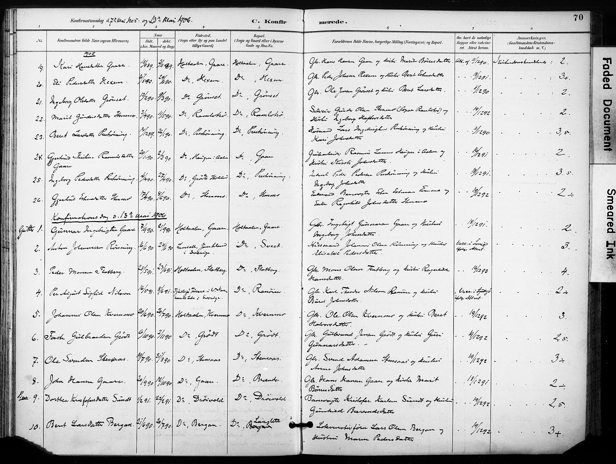 Ministerialprotokoller, klokkerbøker og fødselsregistre - Sør-Trøndelag, AV/SAT-A-1456/685/L0973: Parish register (official) no. 685A10, 1891-1907, p. 70