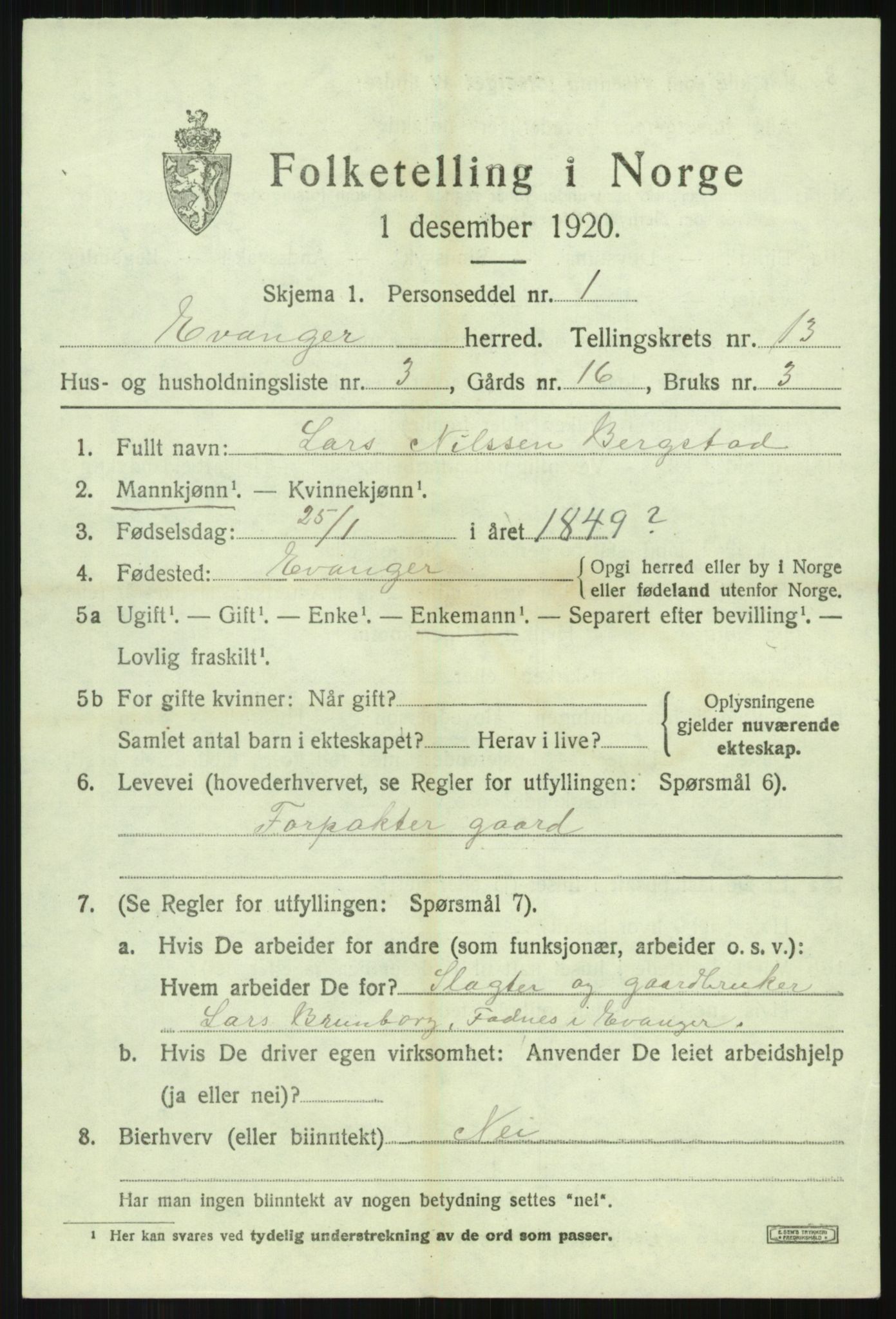 SAB, 1920 census for Evanger, 1920, p. 3901