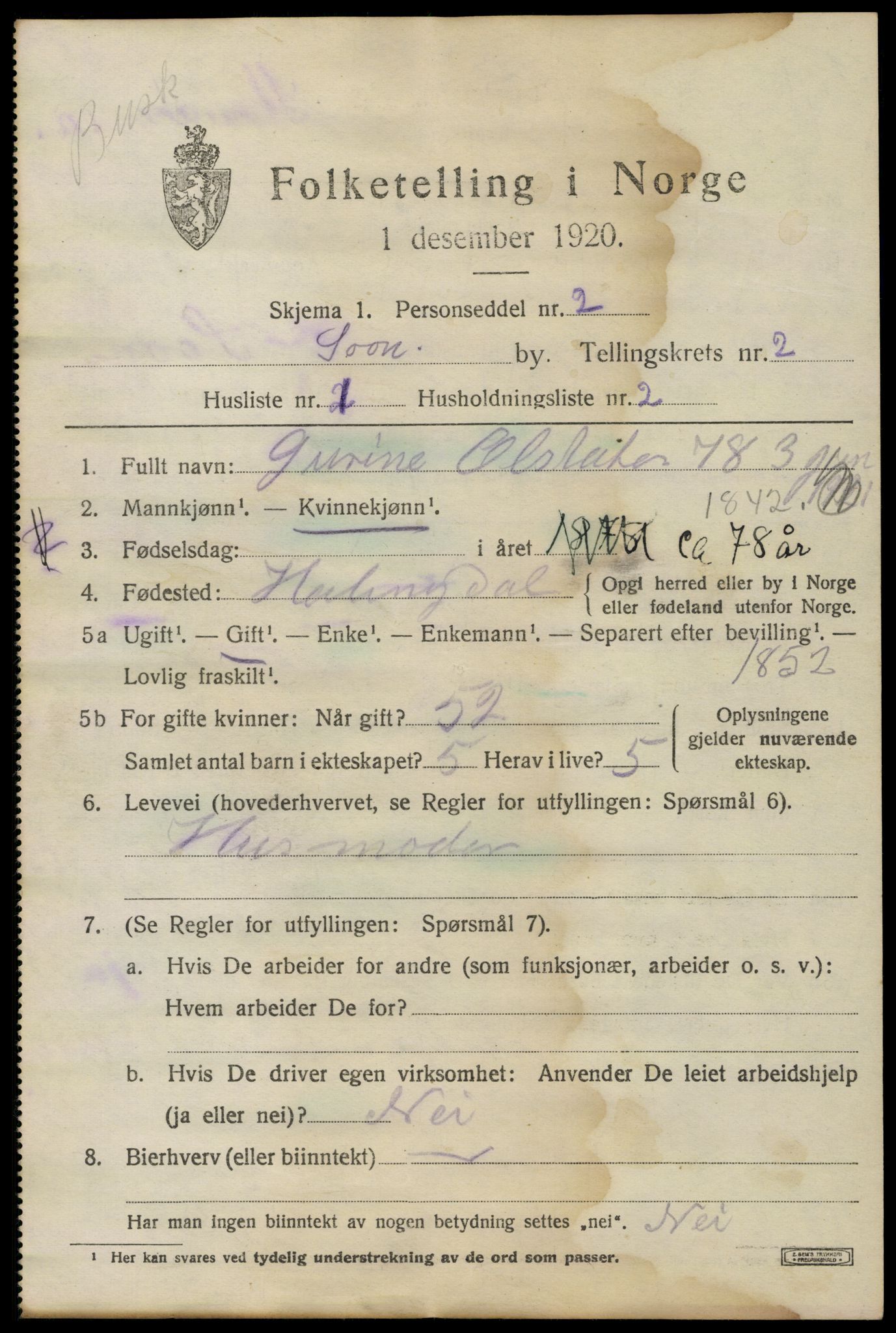 SAO, 1920 census for Son, 1920, p. 1134