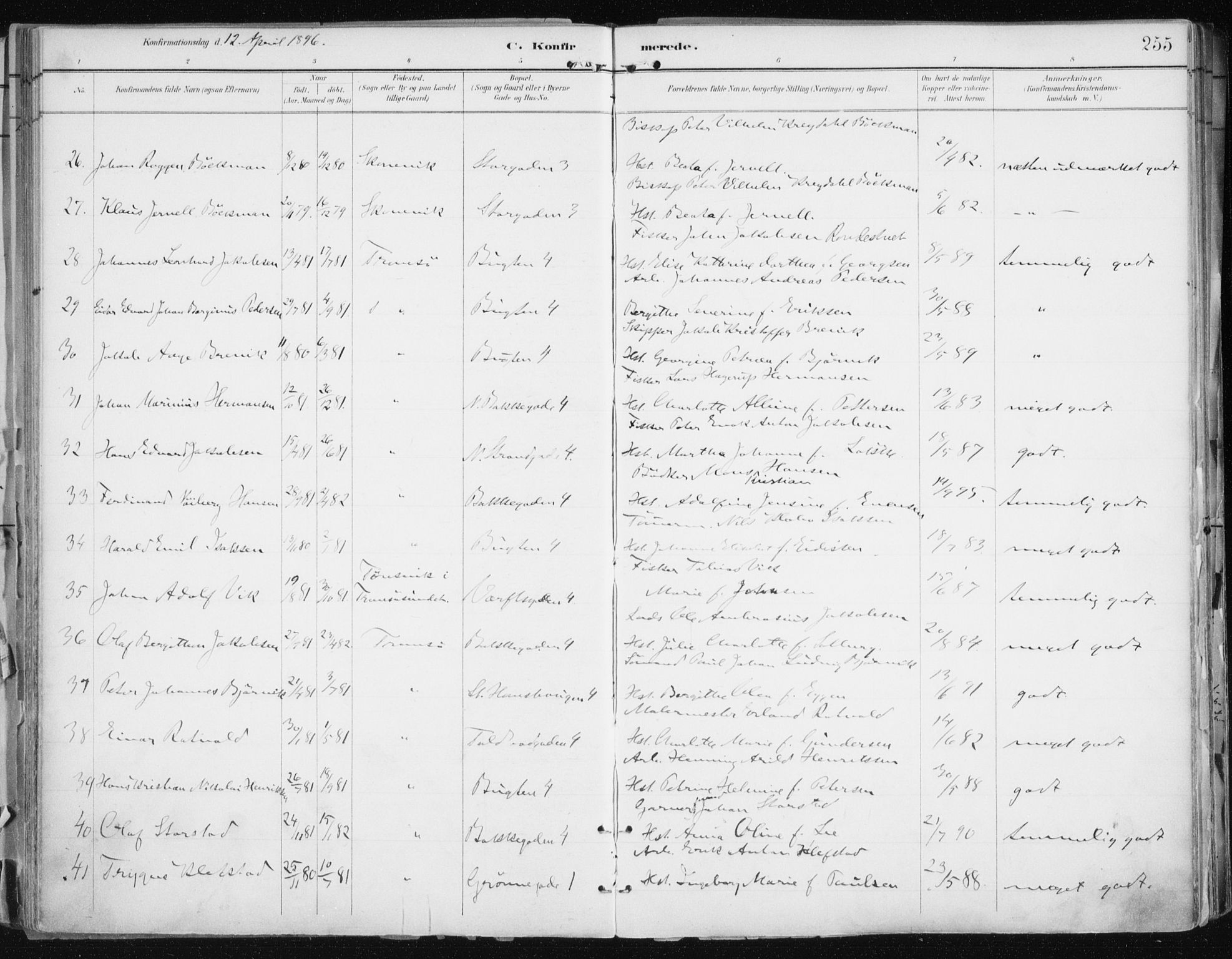Tromsø sokneprestkontor/stiftsprosti/domprosti, AV/SATØ-S-1343/G/Ga/L0015kirke: Parish register (official) no. 15, 1889-1899, p. 255