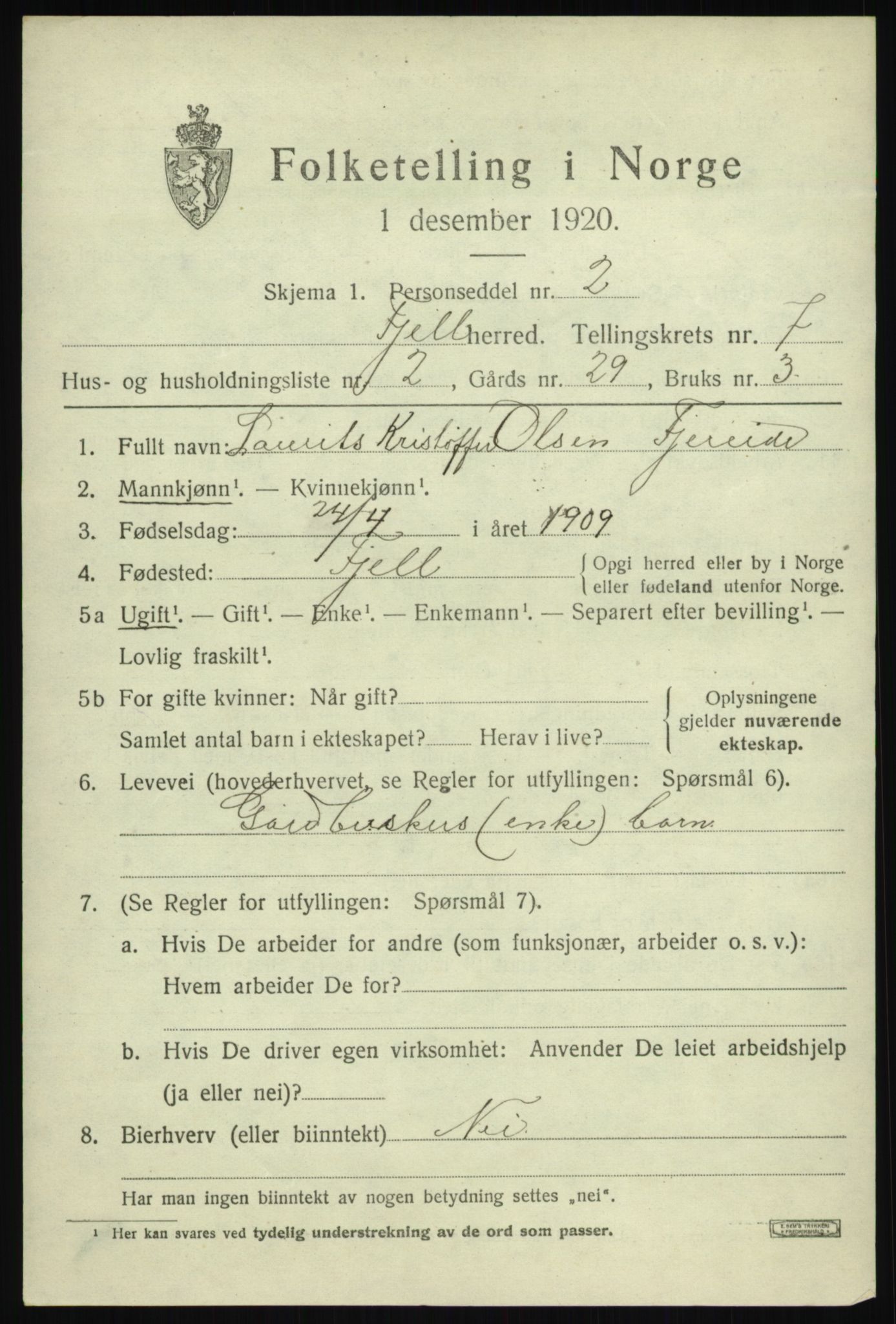 SAB, 1920 census for Fjell, 1920, p. 6414