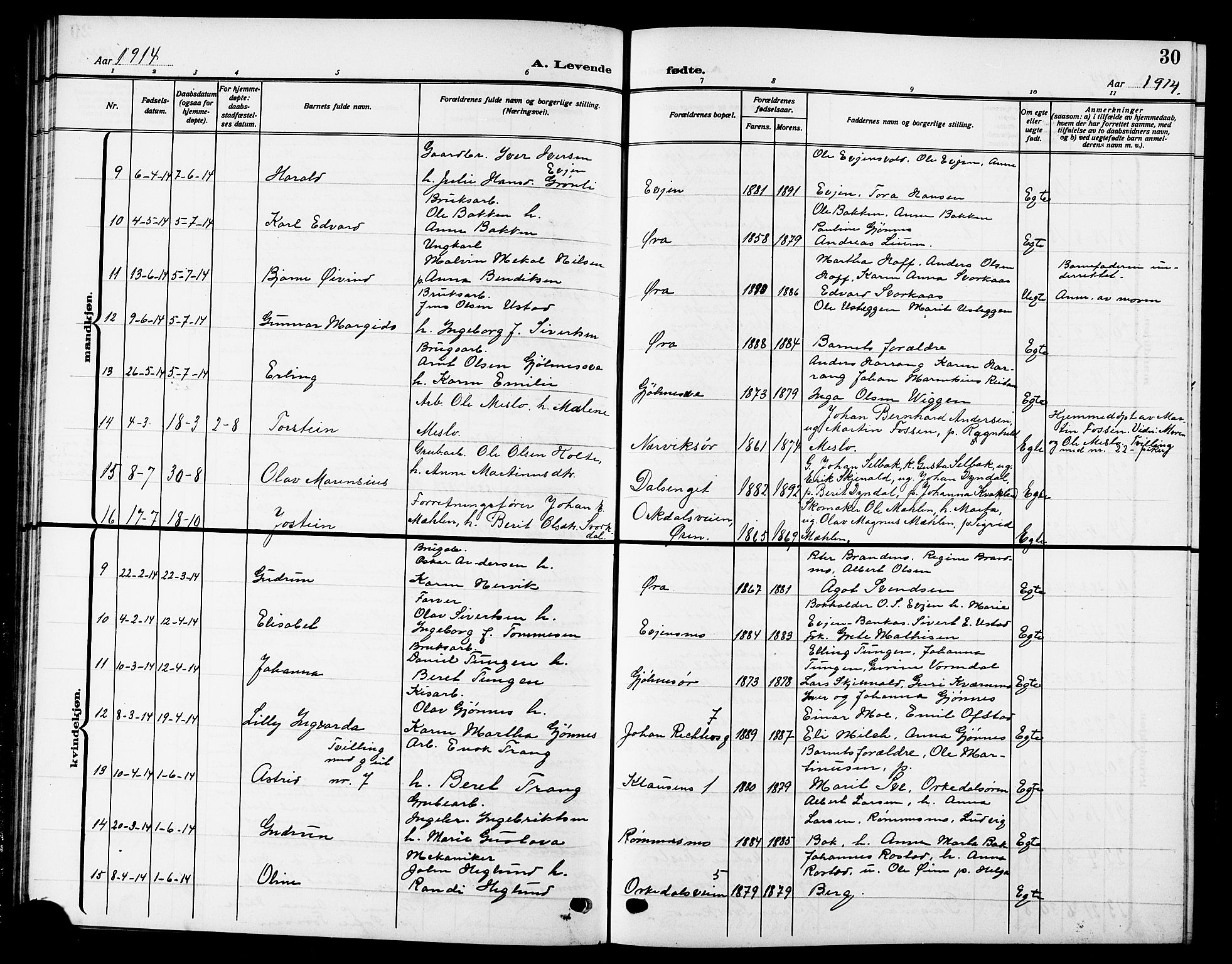 Ministerialprotokoller, klokkerbøker og fødselsregistre - Sør-Trøndelag, AV/SAT-A-1456/669/L0831: Parish register (copy) no. 669C01, 1909-1924, p. 30