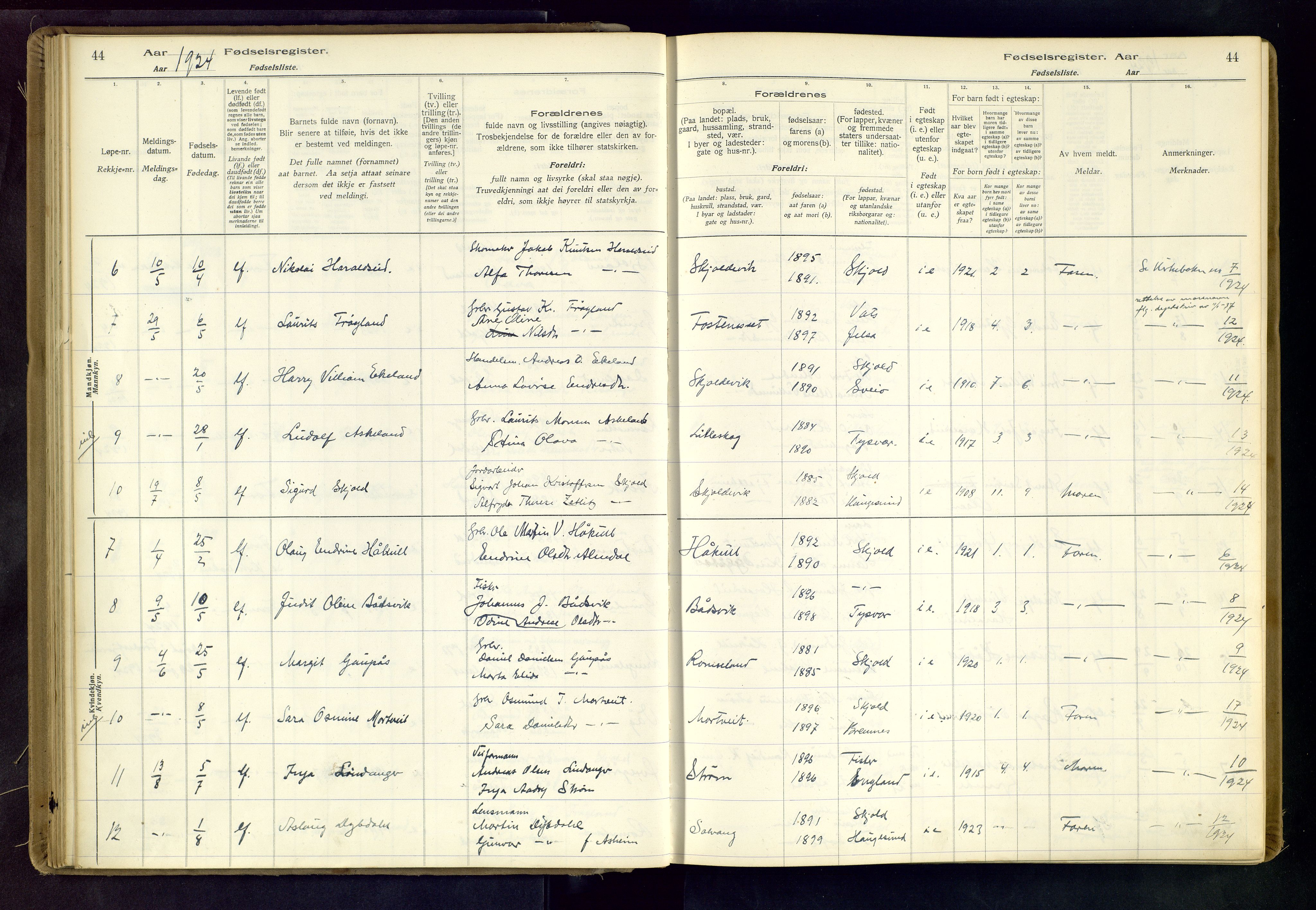 Skjold sokneprestkontor, SAST/A-101847/I/Id/L0001: Birth register no. 1, 1917-1951, p. 44