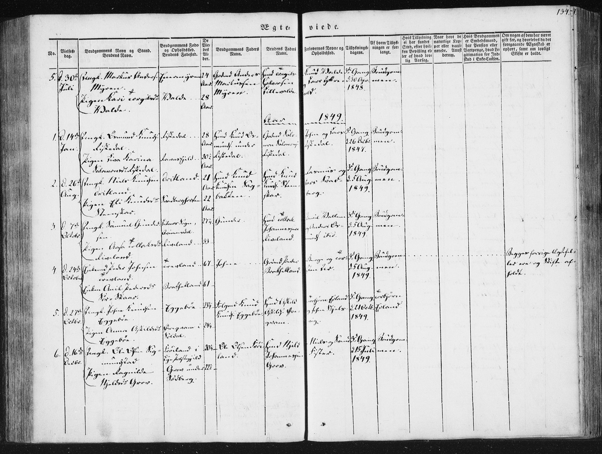 Hjelmeland sokneprestkontor, AV/SAST-A-101843/01/IV/L0008: Parish register (official) no. A 8, 1842-1861, p. 134