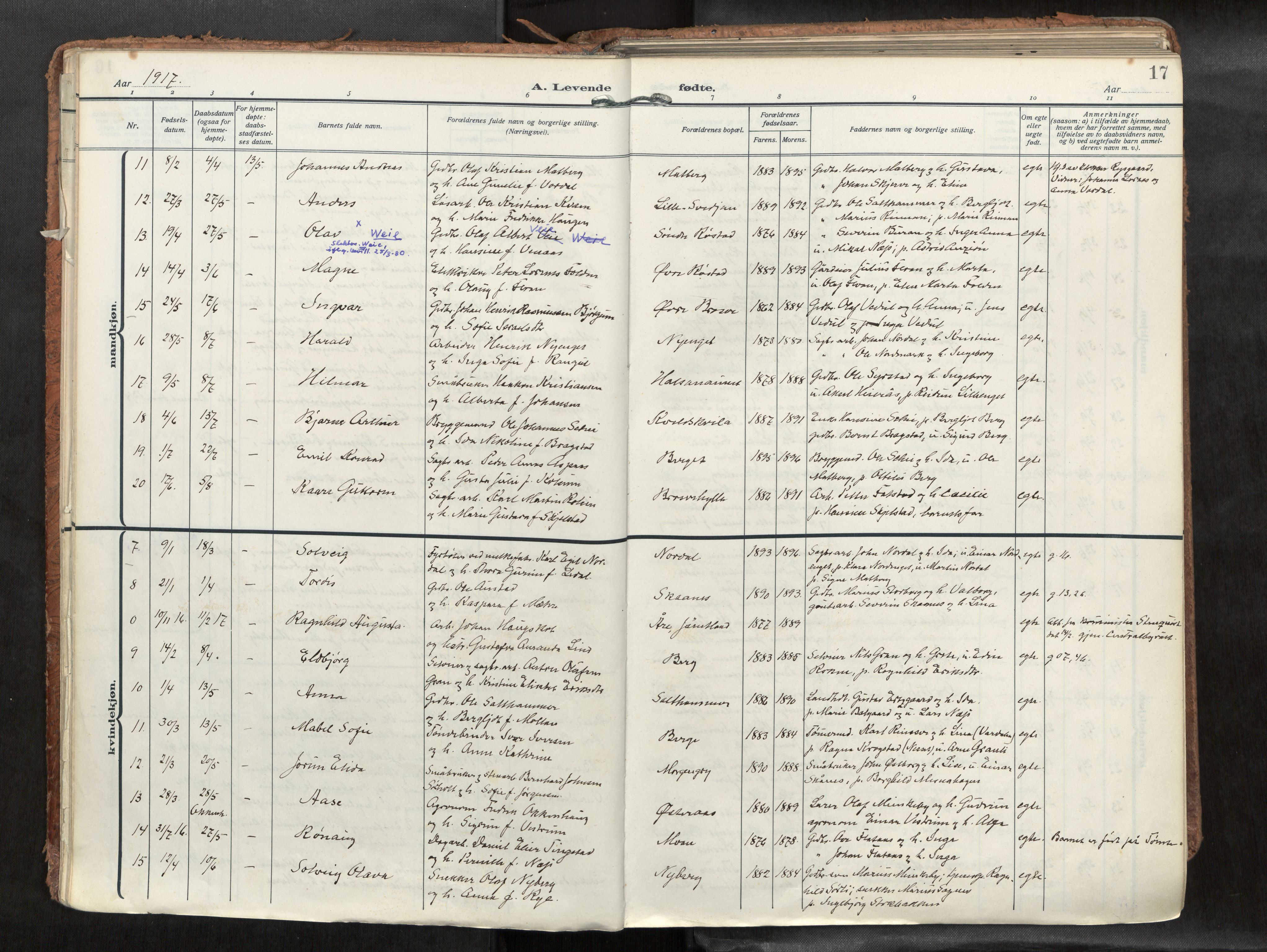 Levanger sokneprestkontor, SAT/A-1301/2/H/Haa/L0002: Parish register (official) no. 2, 1912-1935, p. 17
