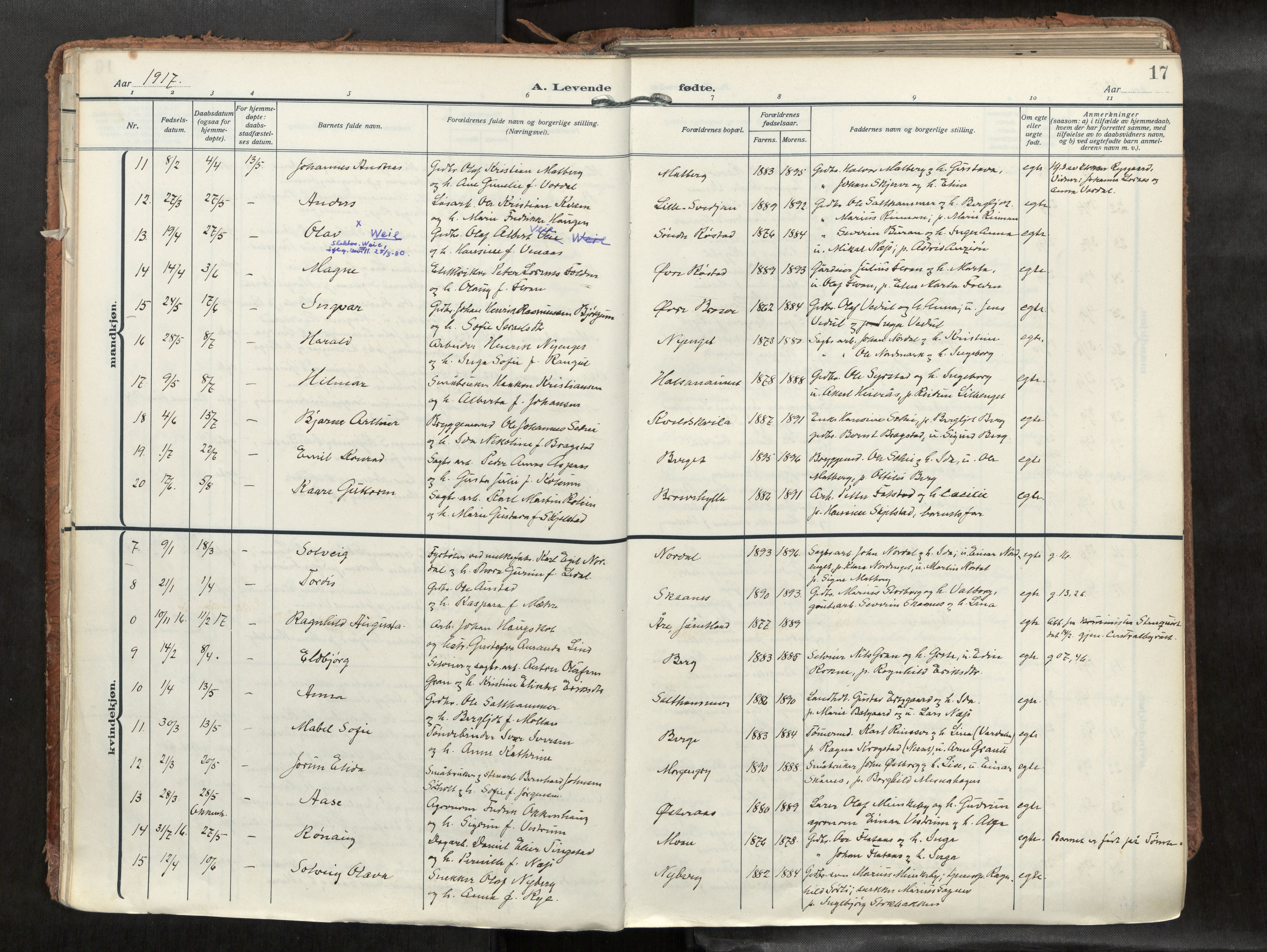 Levanger sokneprestkontor, AV/SAT-A-1301/2/H/Haa/L0002: Parish register (official) no. 2, 1912-1935, p. 17