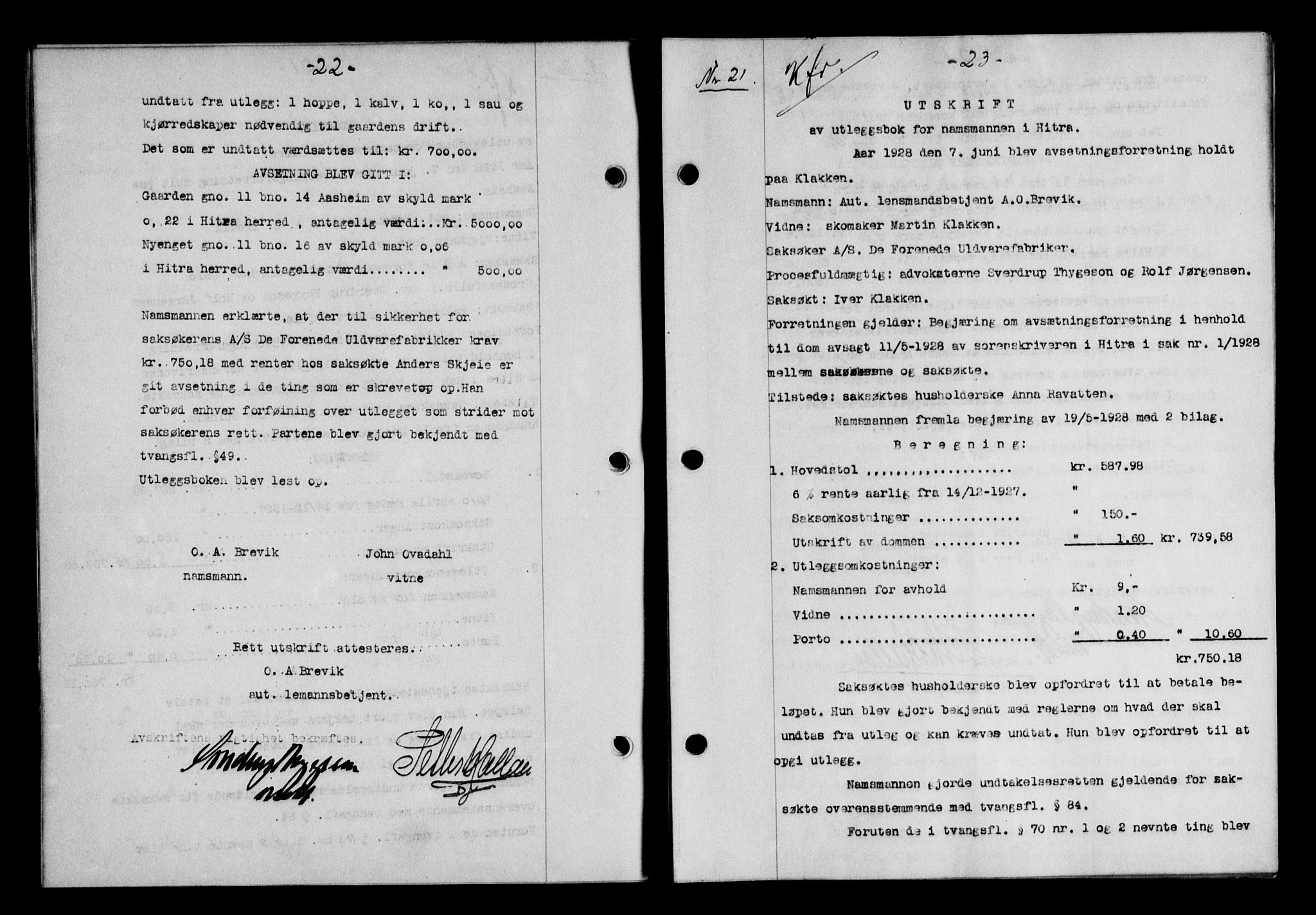 Hitra sorenskriveri, AV/SAT-A-0018/2/2C/2Ca/L0010: Mortgage book no. 10, 1928-1929, p. 22-23