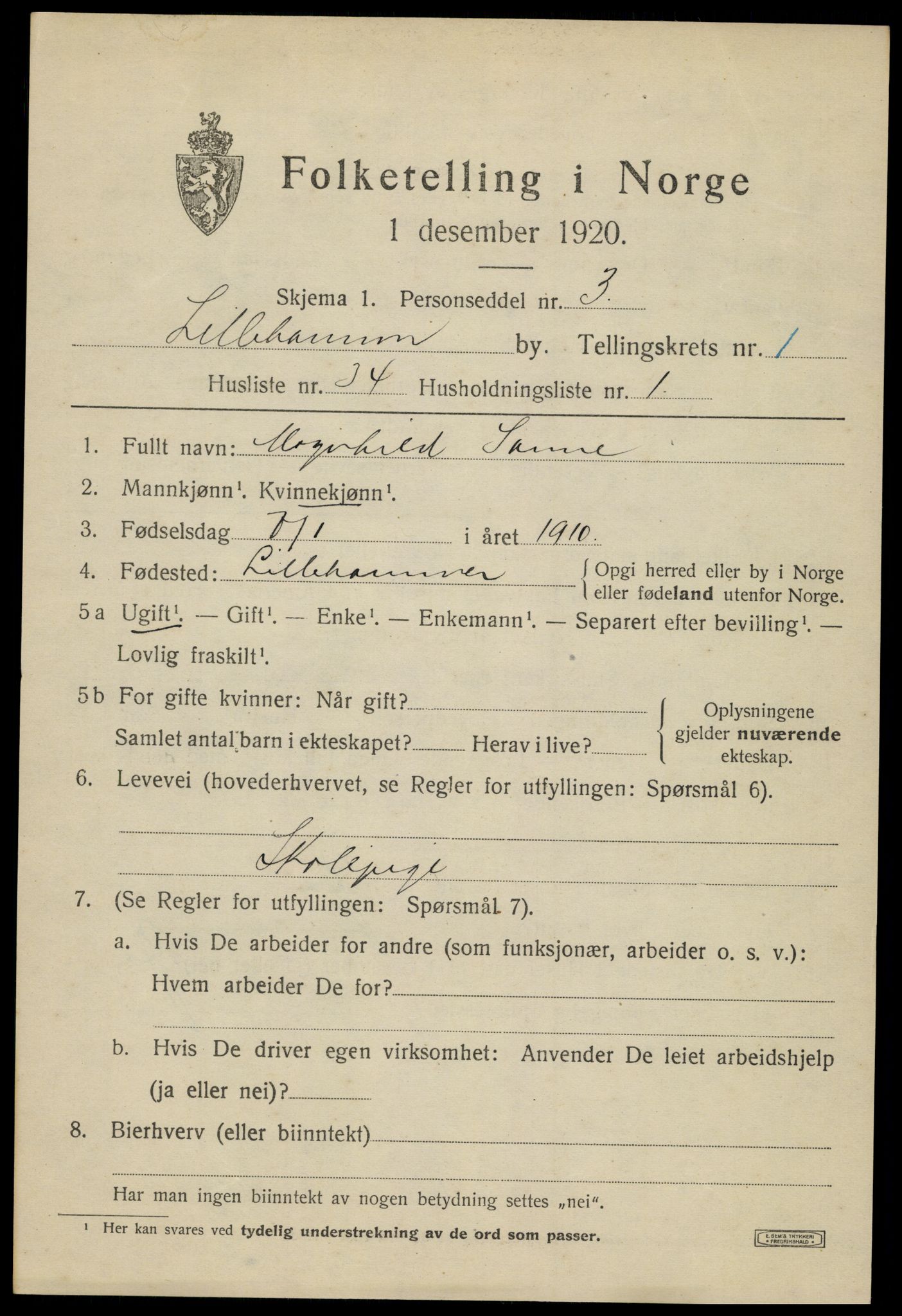 SAH, 1920 census for Lillehammer, 1920, p. 4206