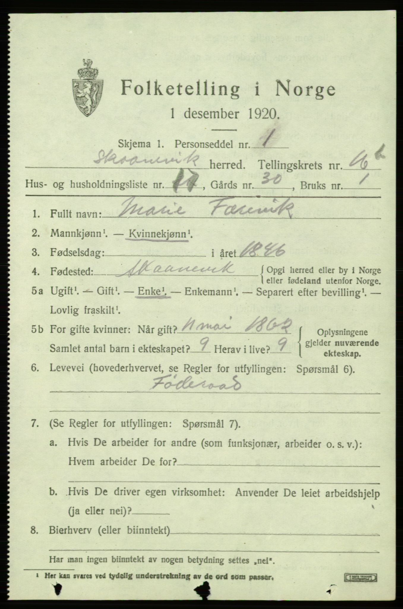 SAB, 1920 census for Skånevik, 1920, p. 6559